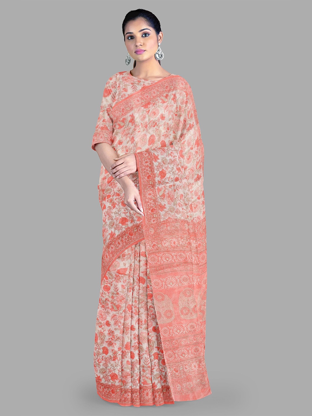 

The Chennai Silks Floral Pure Cotton Muga Saree, Cream