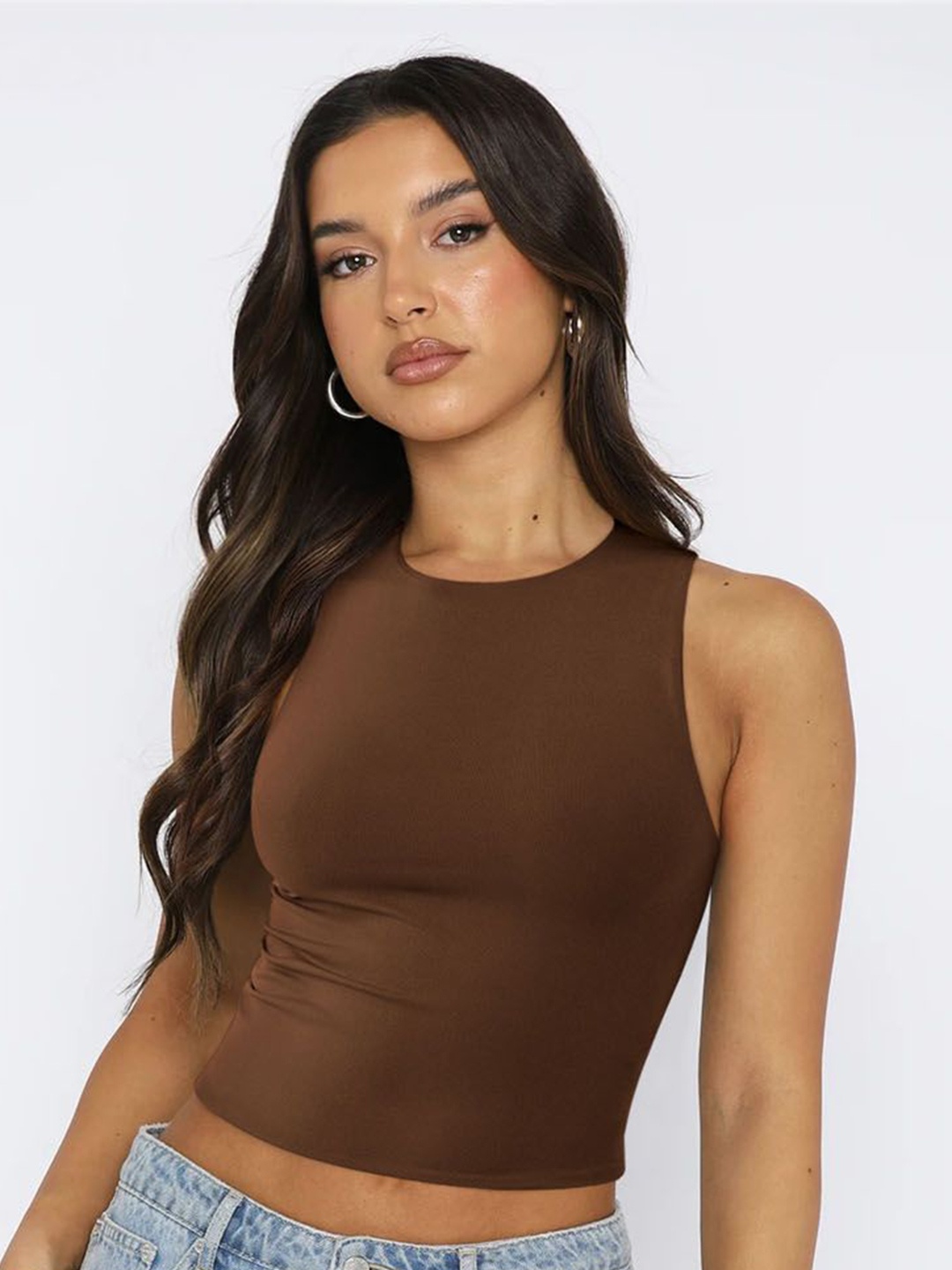 

StyleCast Women Solid Round Neck Top, Brown