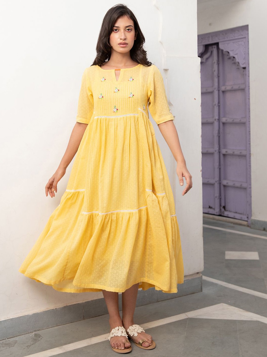 

The Yellow Bow Self Design Keyhole Neck A-Line Midi Dress
