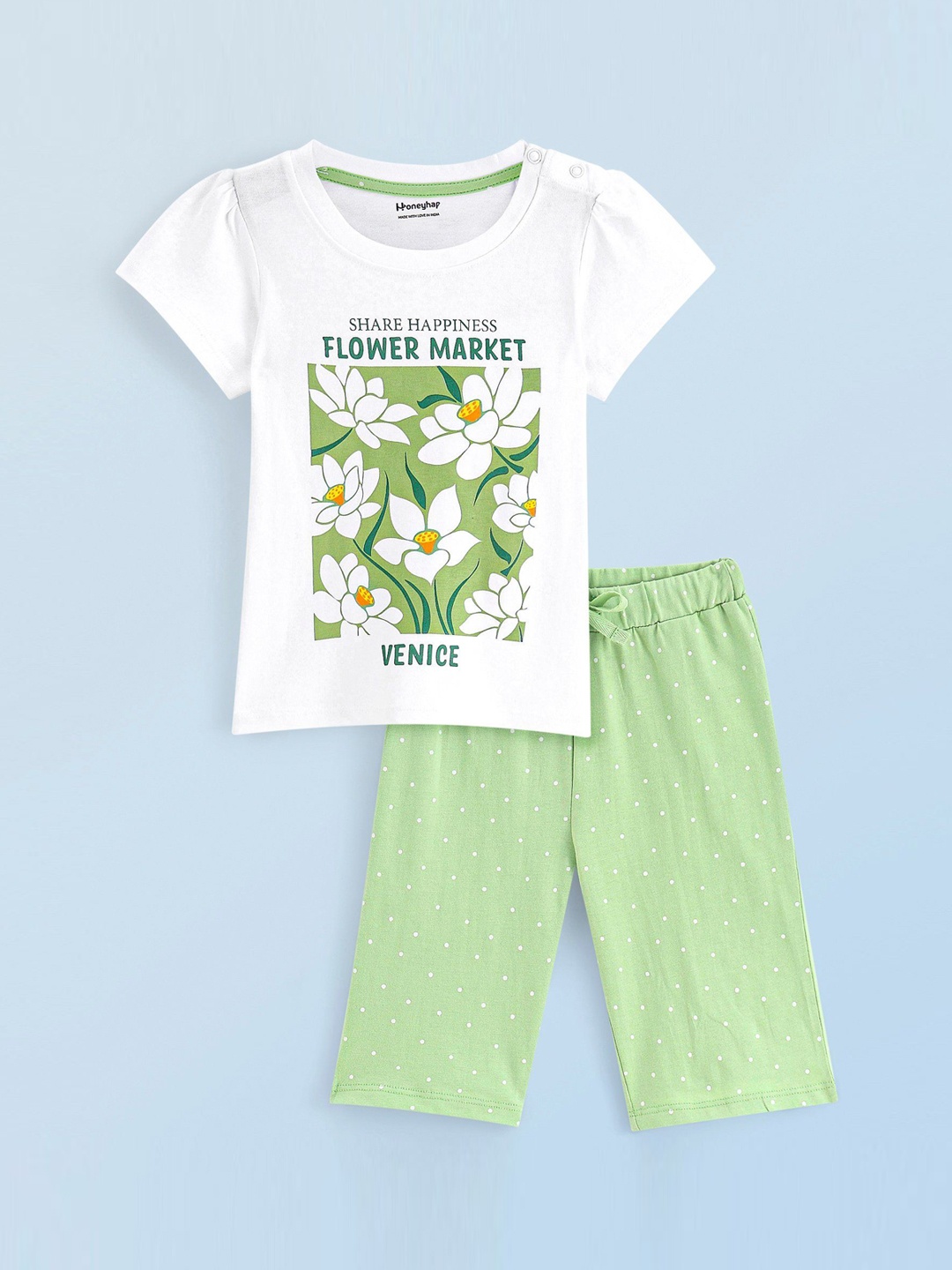 

Honeyhap Girls Printed Night suit, White