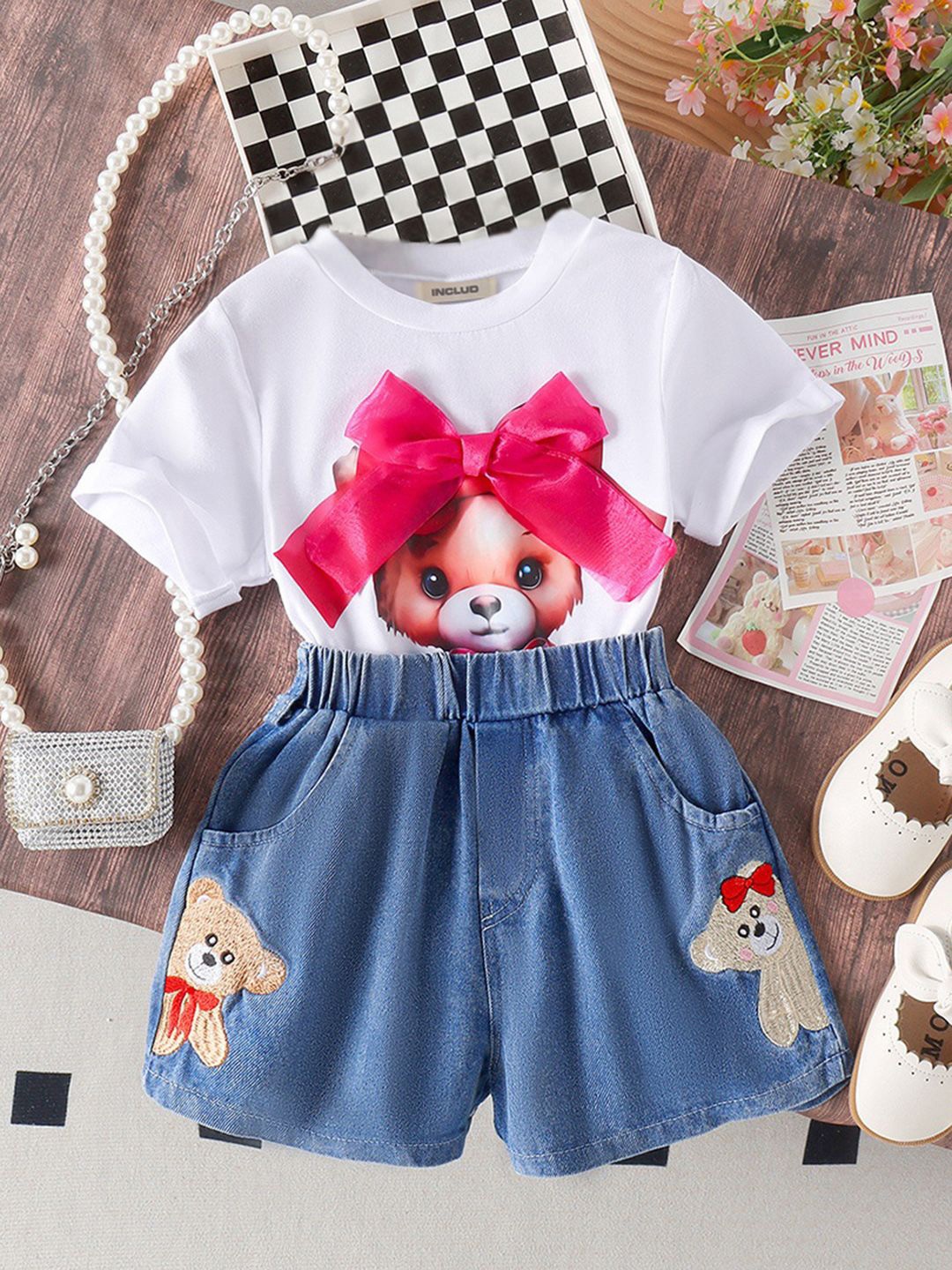 

INCLUD Girls Printed T-shirt with Shorts, White