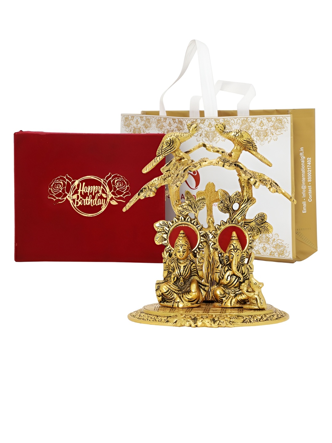 

INTERNATIONAL GIFT Laxmi Ganesh Tree Metal Idol Showpiece With Best Wishes Tag & Box, Gold