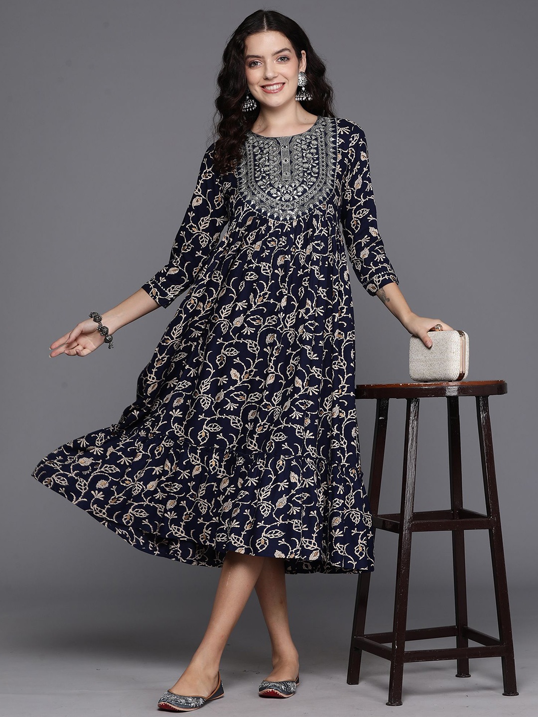 

Indo Era Floral Embroidered A-Line Midi Dress, Navy blue