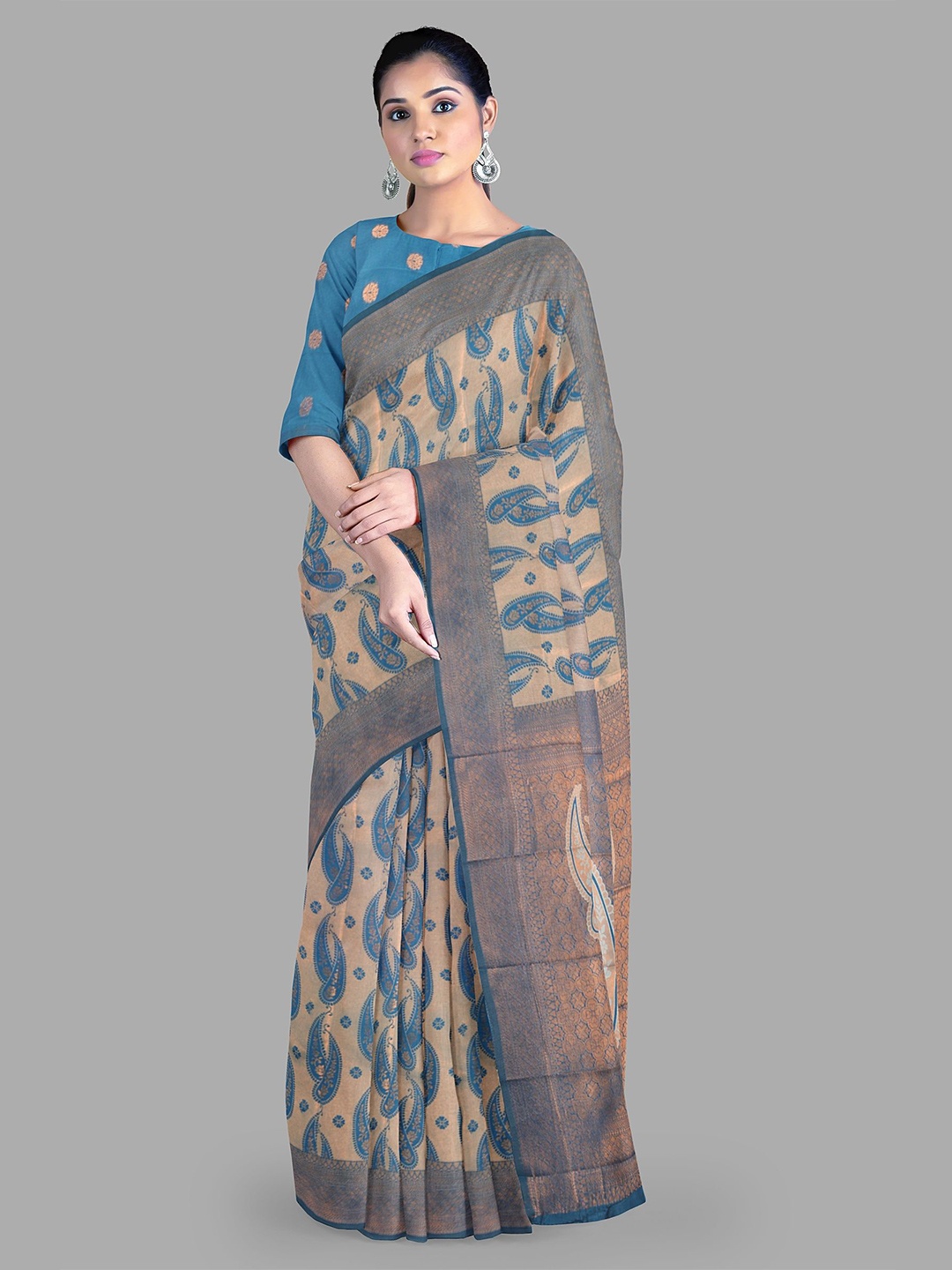 

The Chennai Silks Paisley Print Zari Art Silk Bhagalpuri Saree, Cream