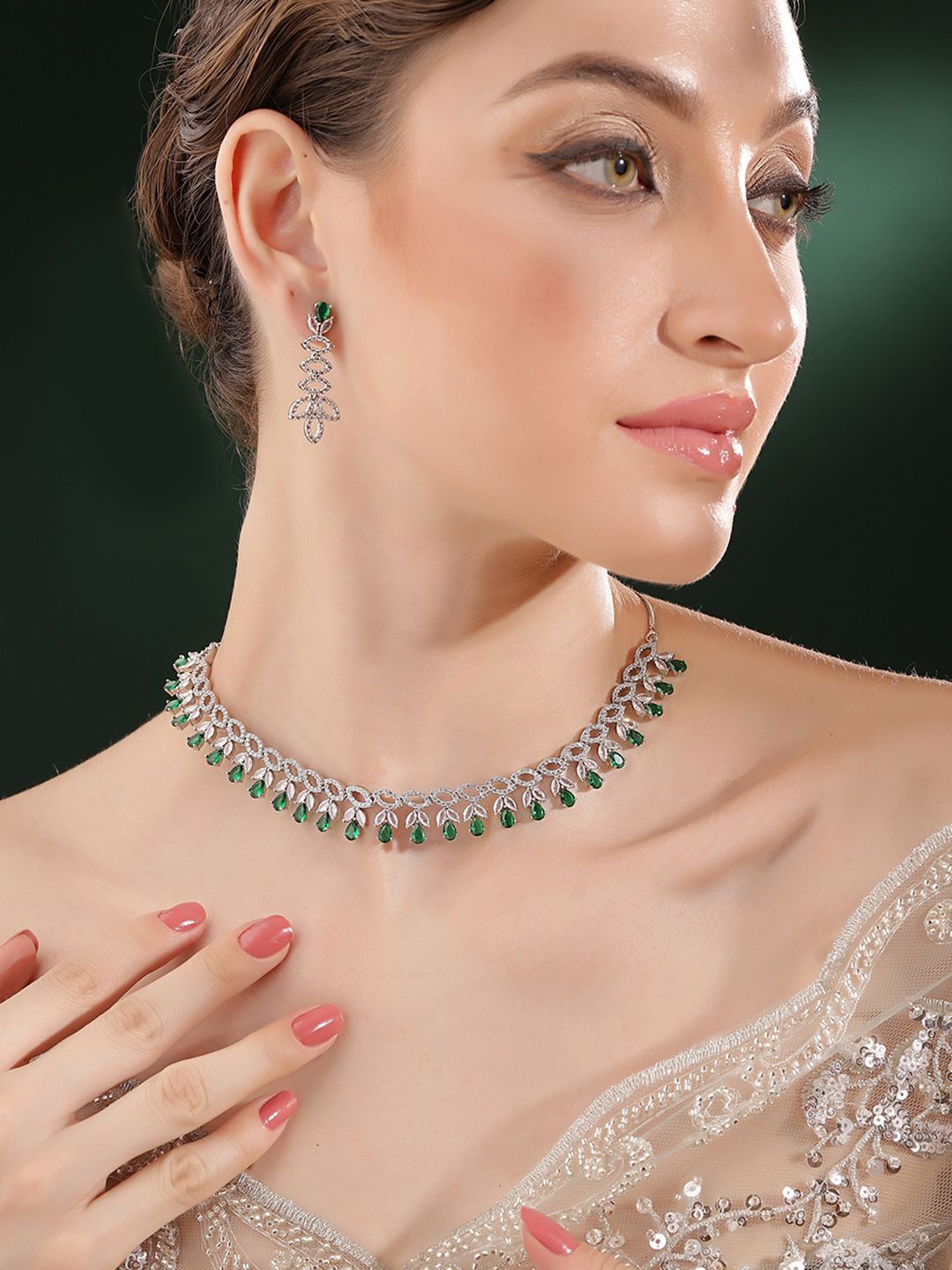 

Priyaasi Silver-Plated American Diamond Stone-Studded Jewellery Set