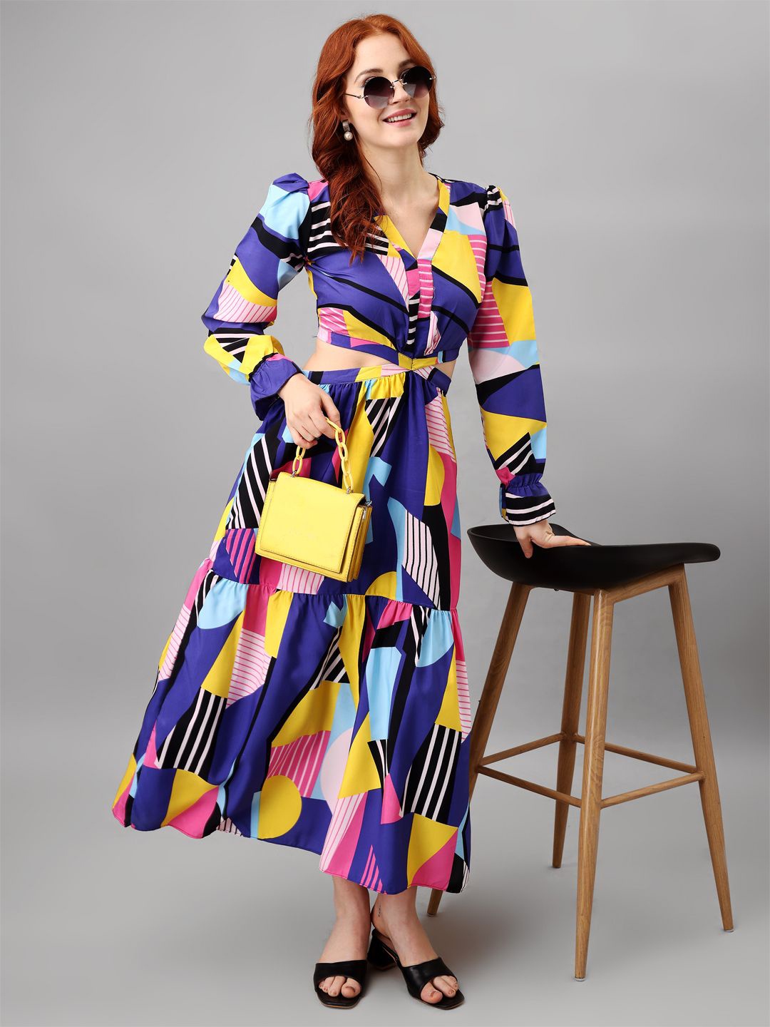 

Femvy Print Puff Sleeve Applique Crepe Fit & Flare Maxi Dress, Multi