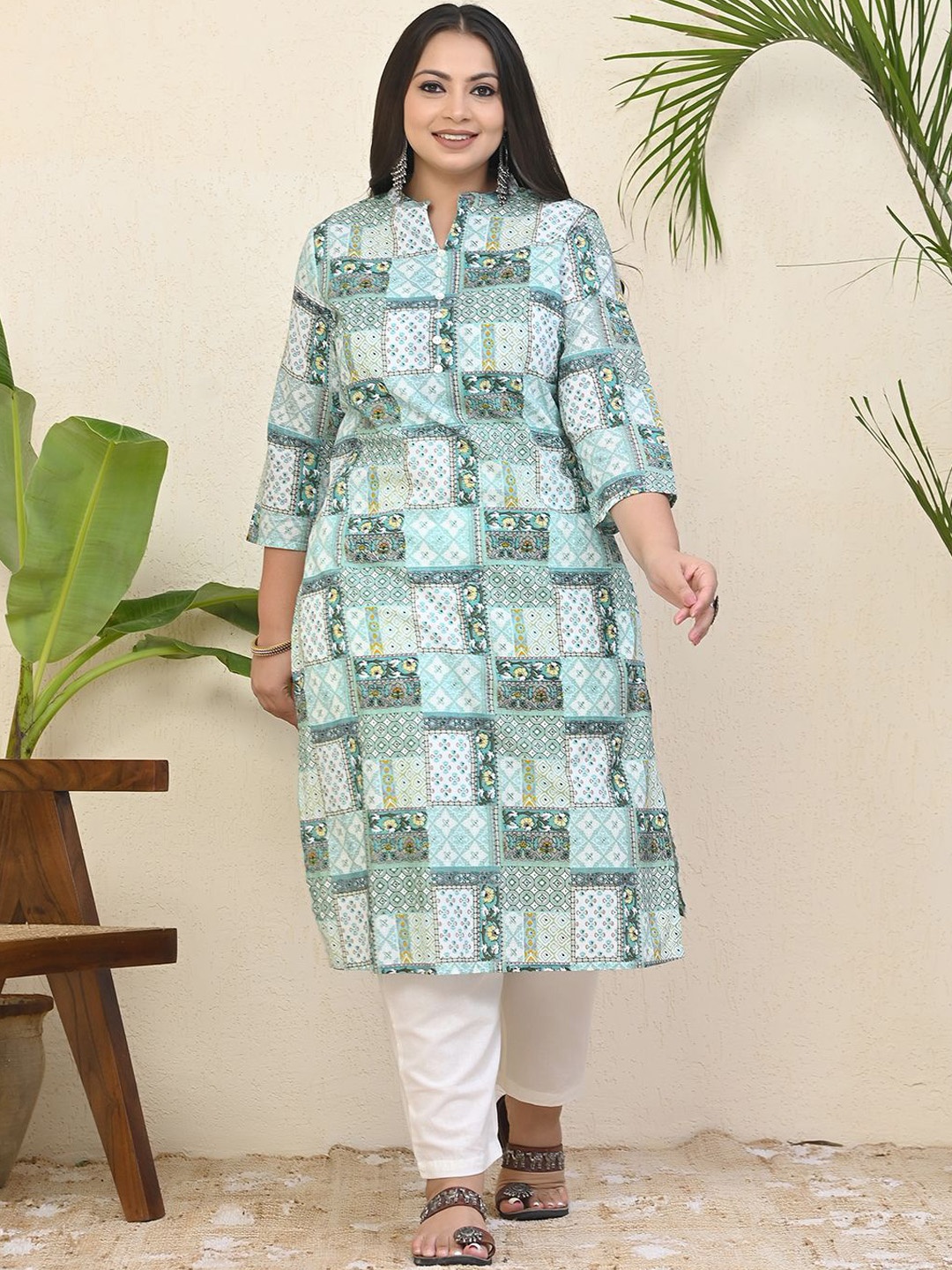 

Aspriya Plus Size Floral Printed Mandarin Collar Cotton Straight Kurta, Off white