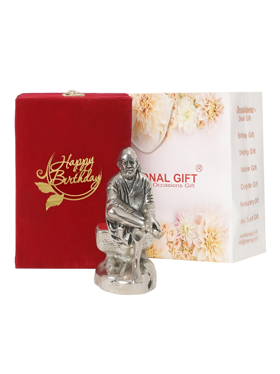 

INTERNATIONAL GIFT Silver Toned Sai Baba Idol With Happy Birthday Tag & Velvet Box