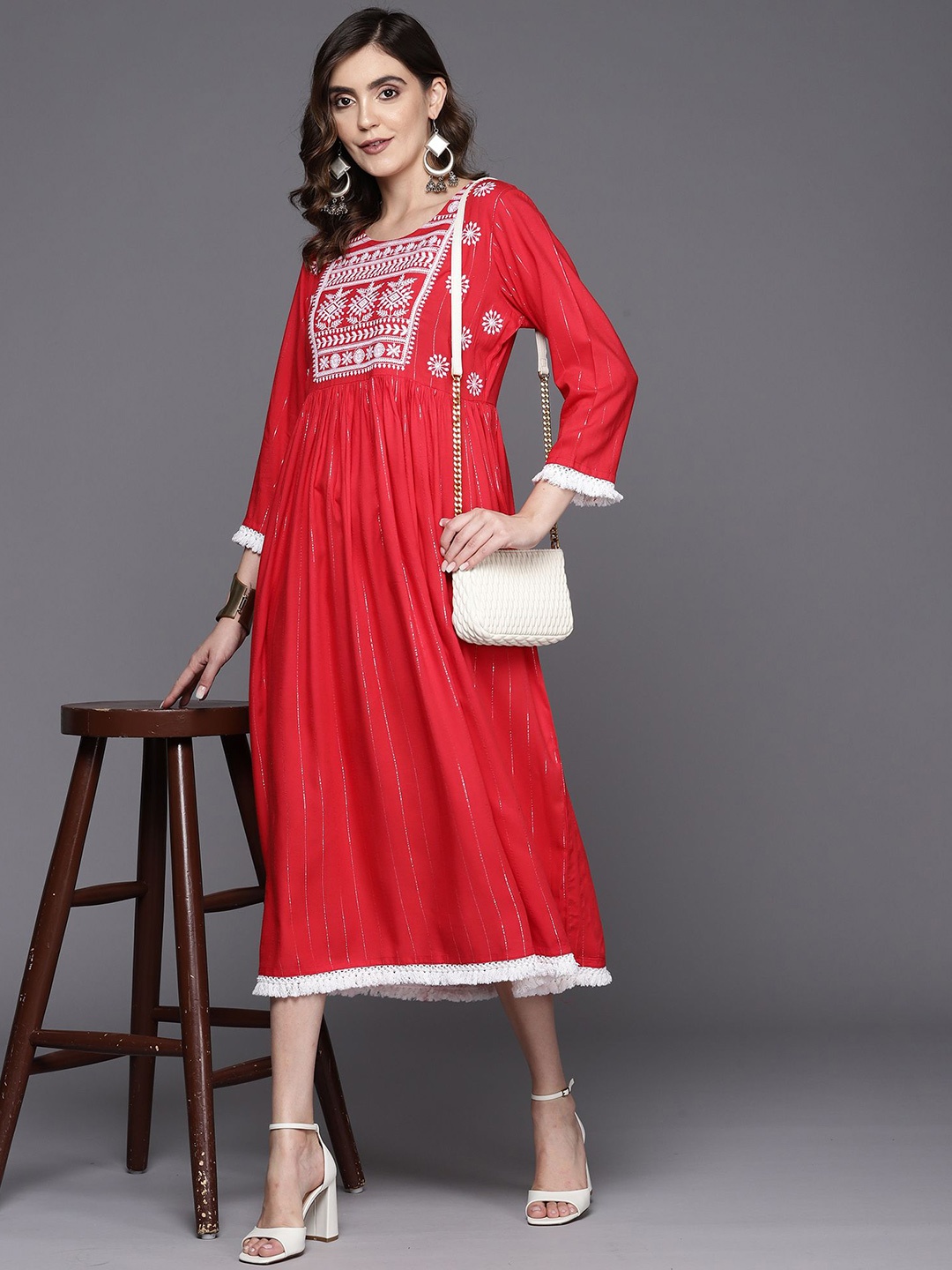 

Indo Era Embroidered A-Line Midi Dress, Red