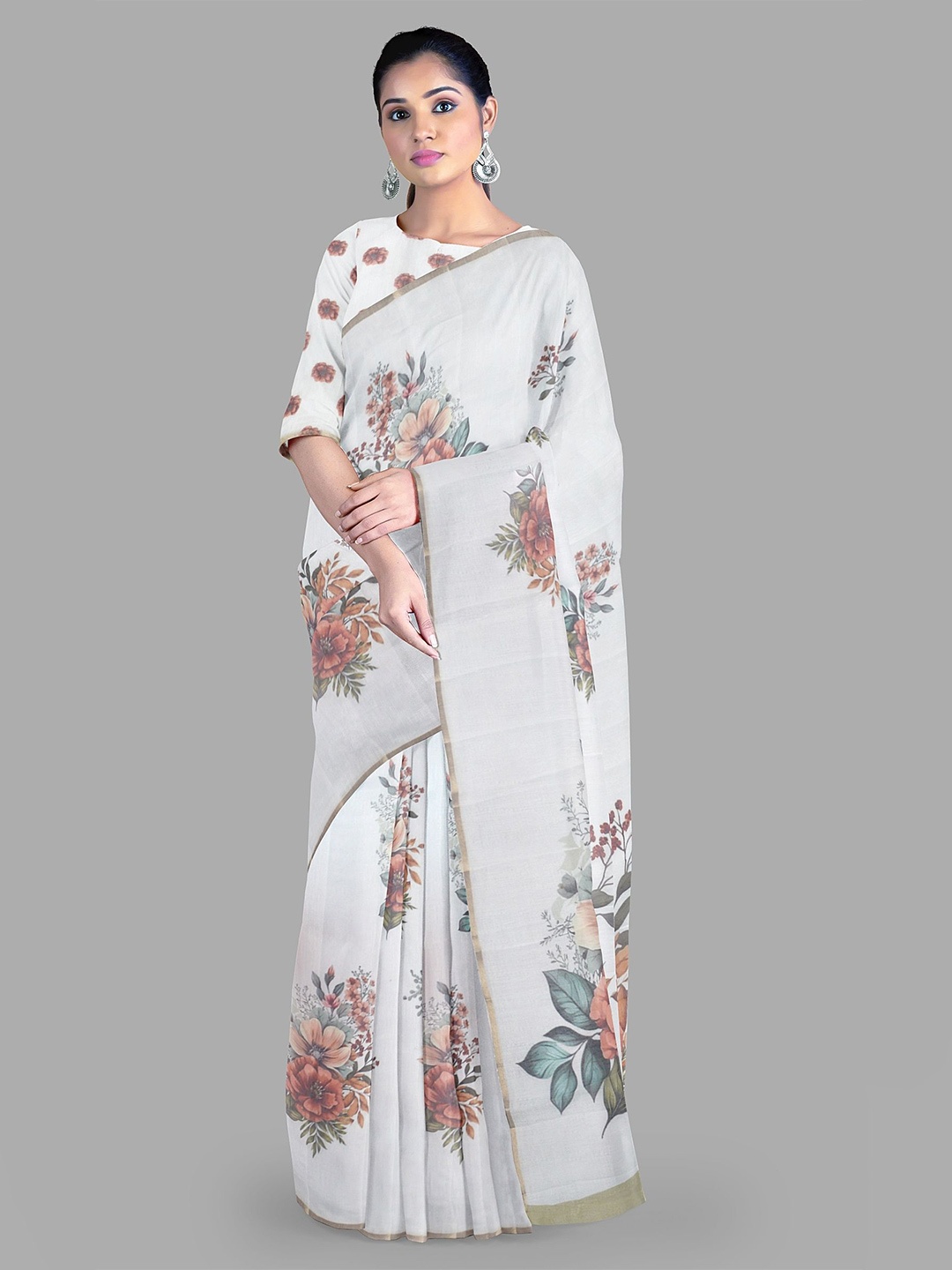 

The Chennai Silks Floral Chanderi Saree, Off white
