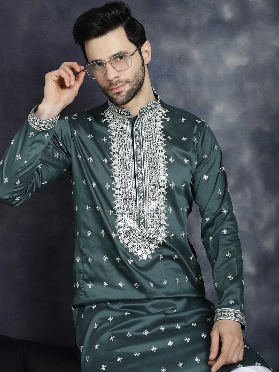 

Jompers Floral Embroidered Regular Sequinned Straight Kurta With Pyjamas, Olive