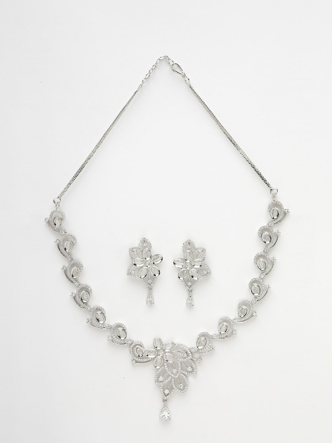 

ZENEME Rhodium-Plated American Diamond Studded Jewellery Set, Silver