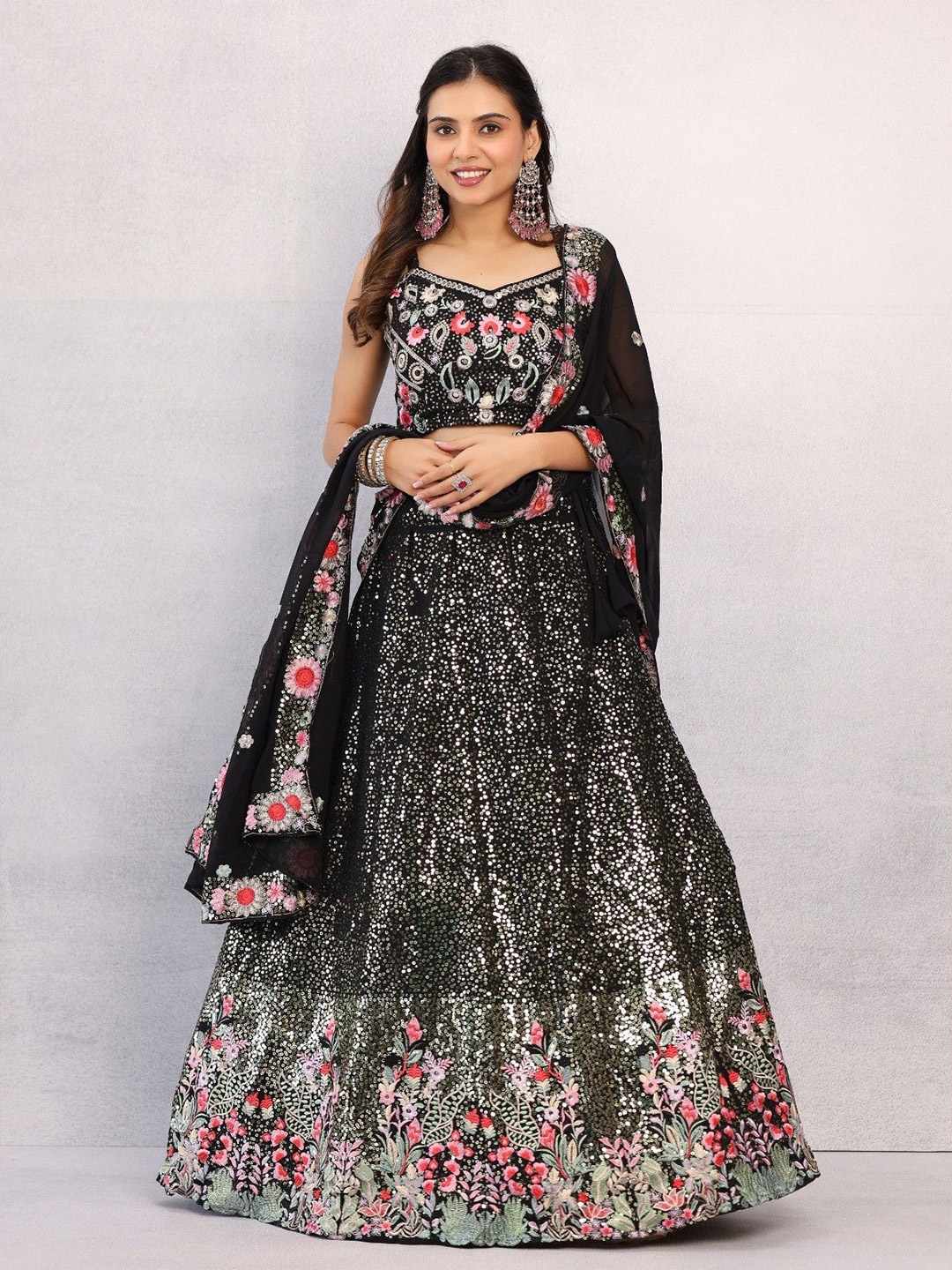 

Futra Gabha Embellished Sequinned Pure Georgette Ready to Wear Lehenga & Blouse & Dupatta, Black