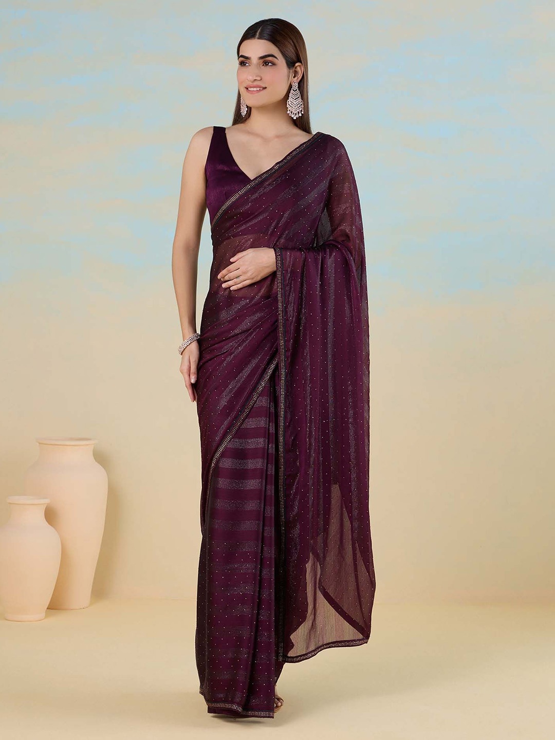 

Likha Embellished Beads and Stones Pure Chiffon Saree, Purple