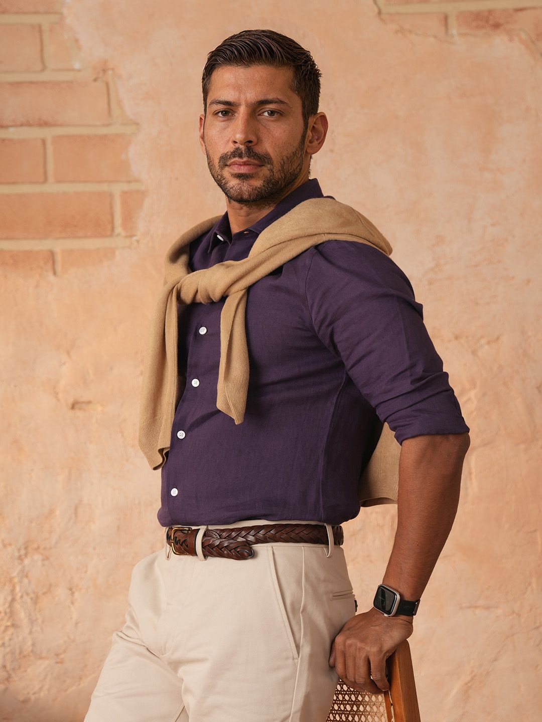 

Monks of Method Men Comfort Spread Collar Solid Linen Casual Shirt, Violet