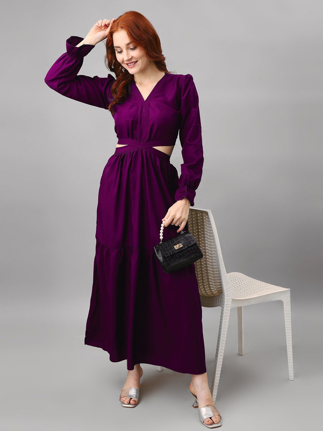 

Femvy Women Puff Sleeve Applique Maxi Party Wear Dress, Magenta