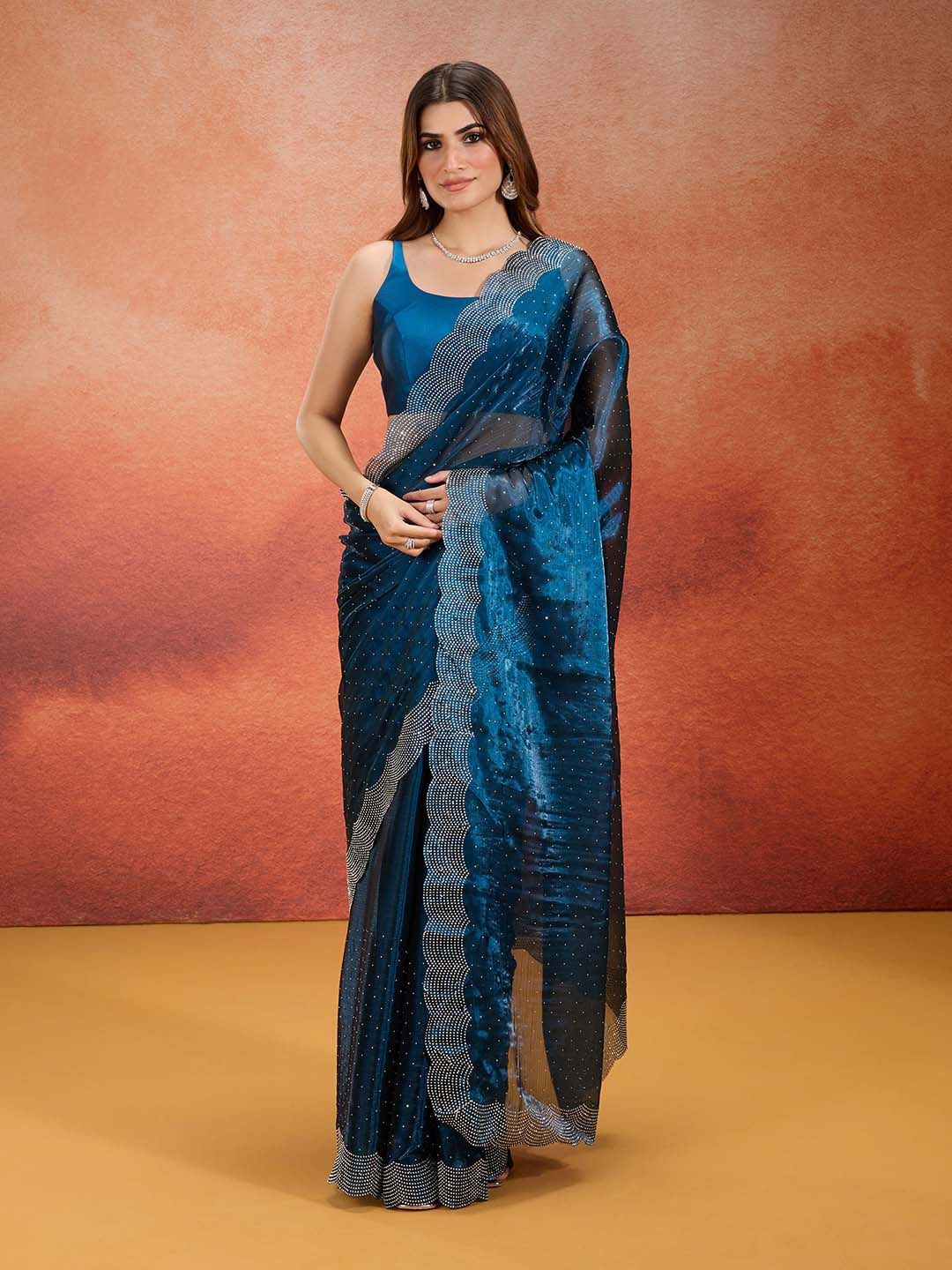 

Likha Embellished Beads and Stones Pure Chiffon Saree, Teal