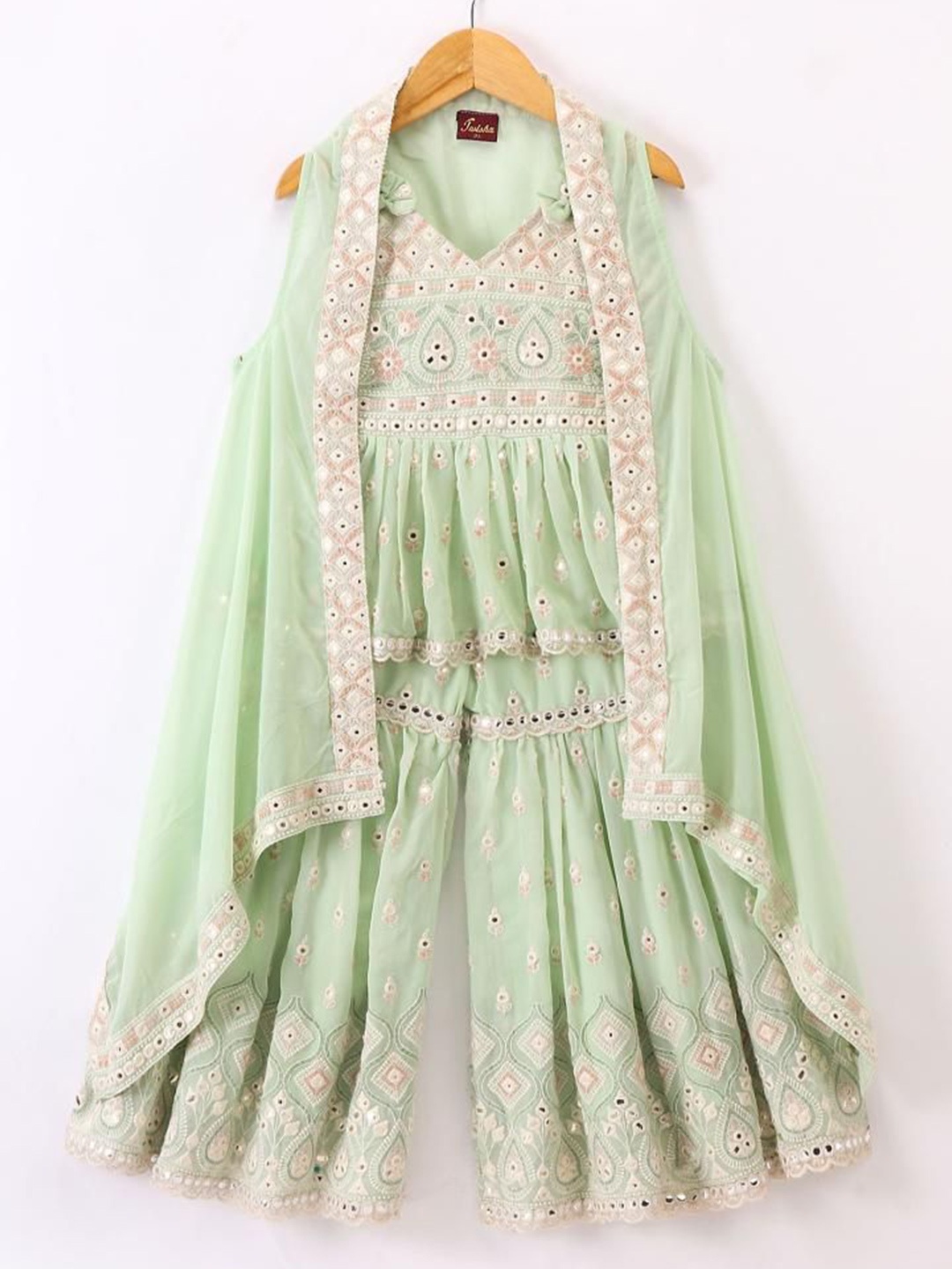 

Twisha Girls Embroidered Shoulder Straps Top with Palazzo & Shrug, Green
