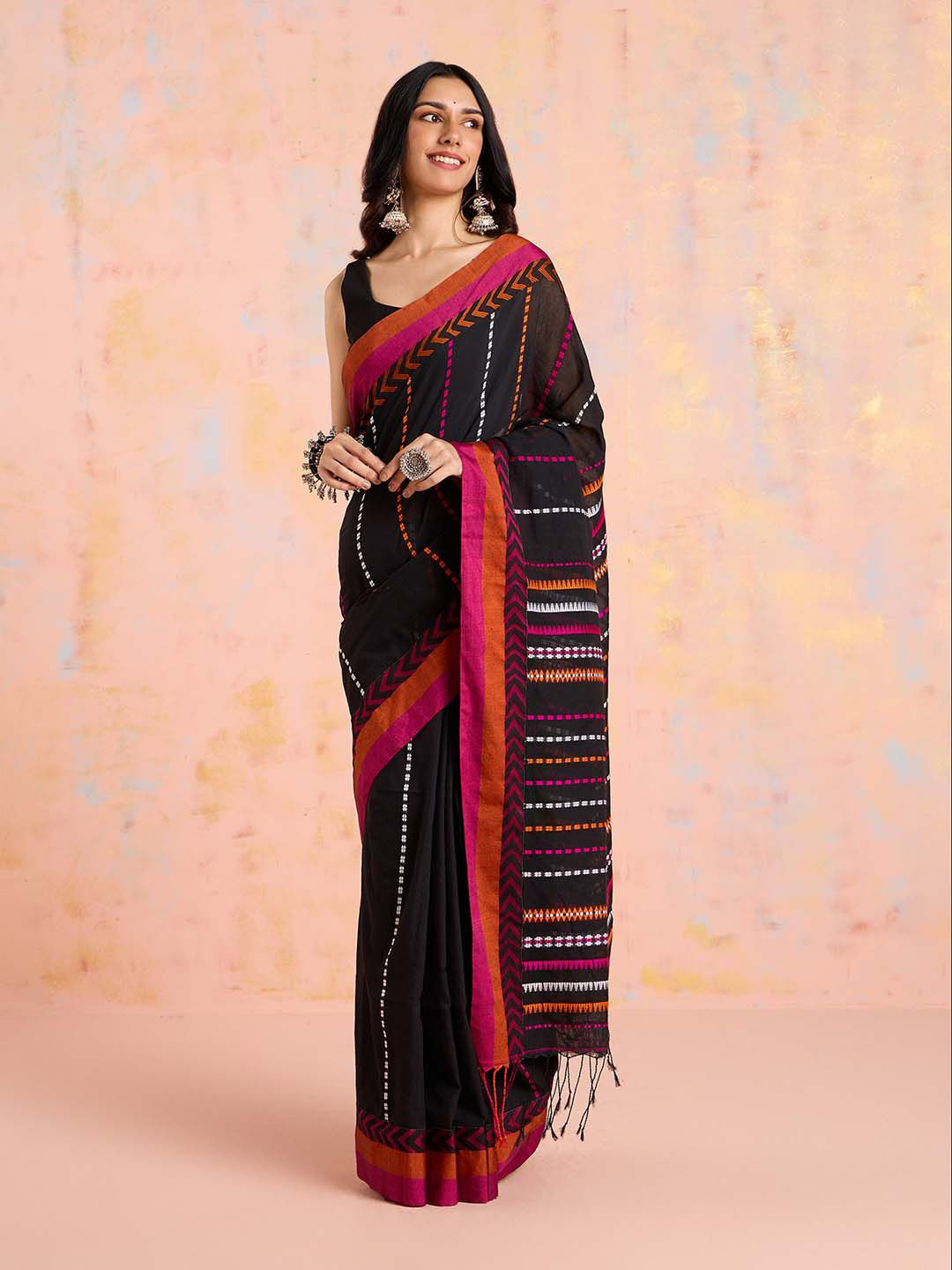 

Likha Striped Embroidered Pure Cotton Saree, Black