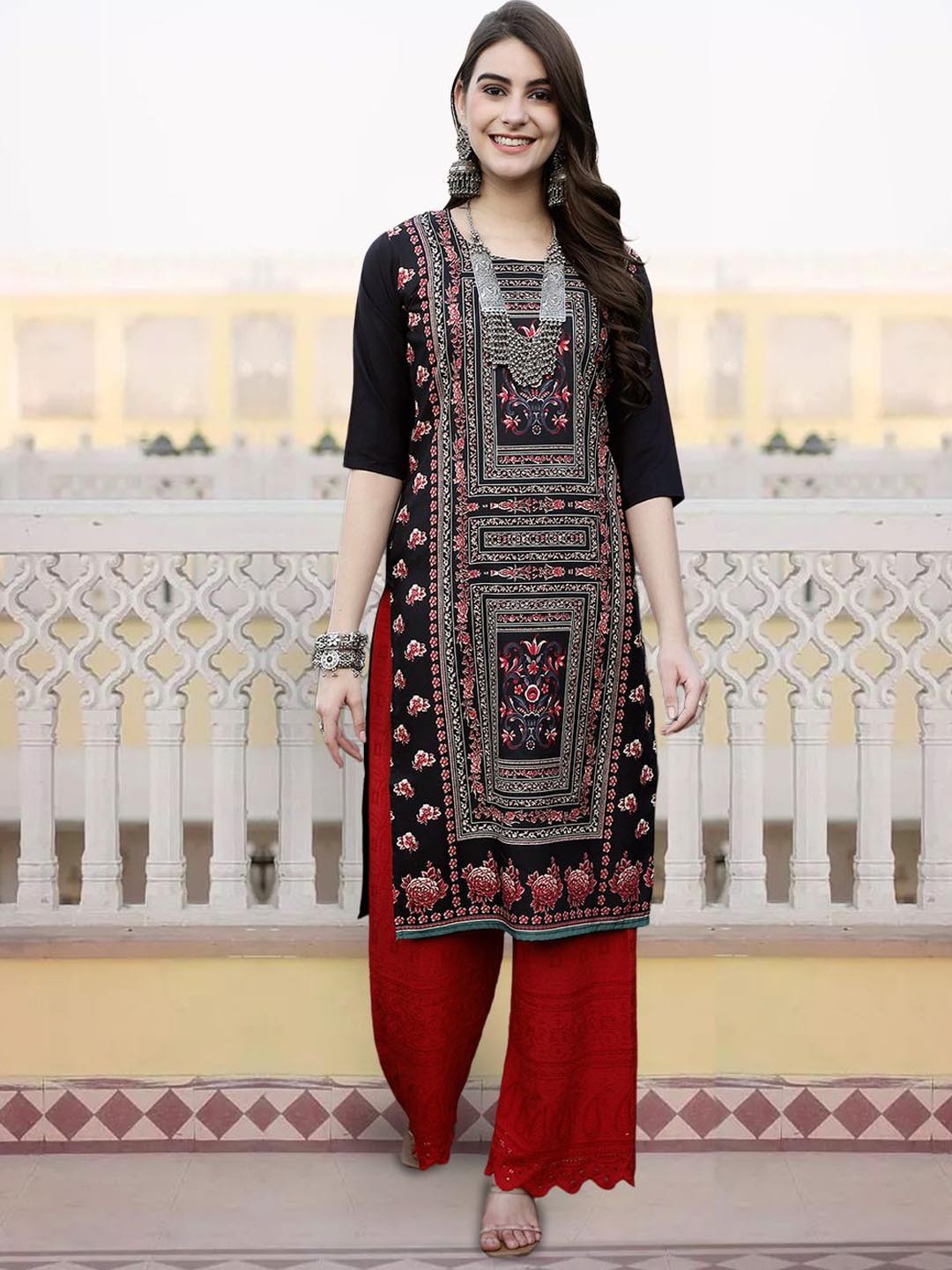 

7Threads Women Printed Patchwork Floral Crepe Kurta, Multi