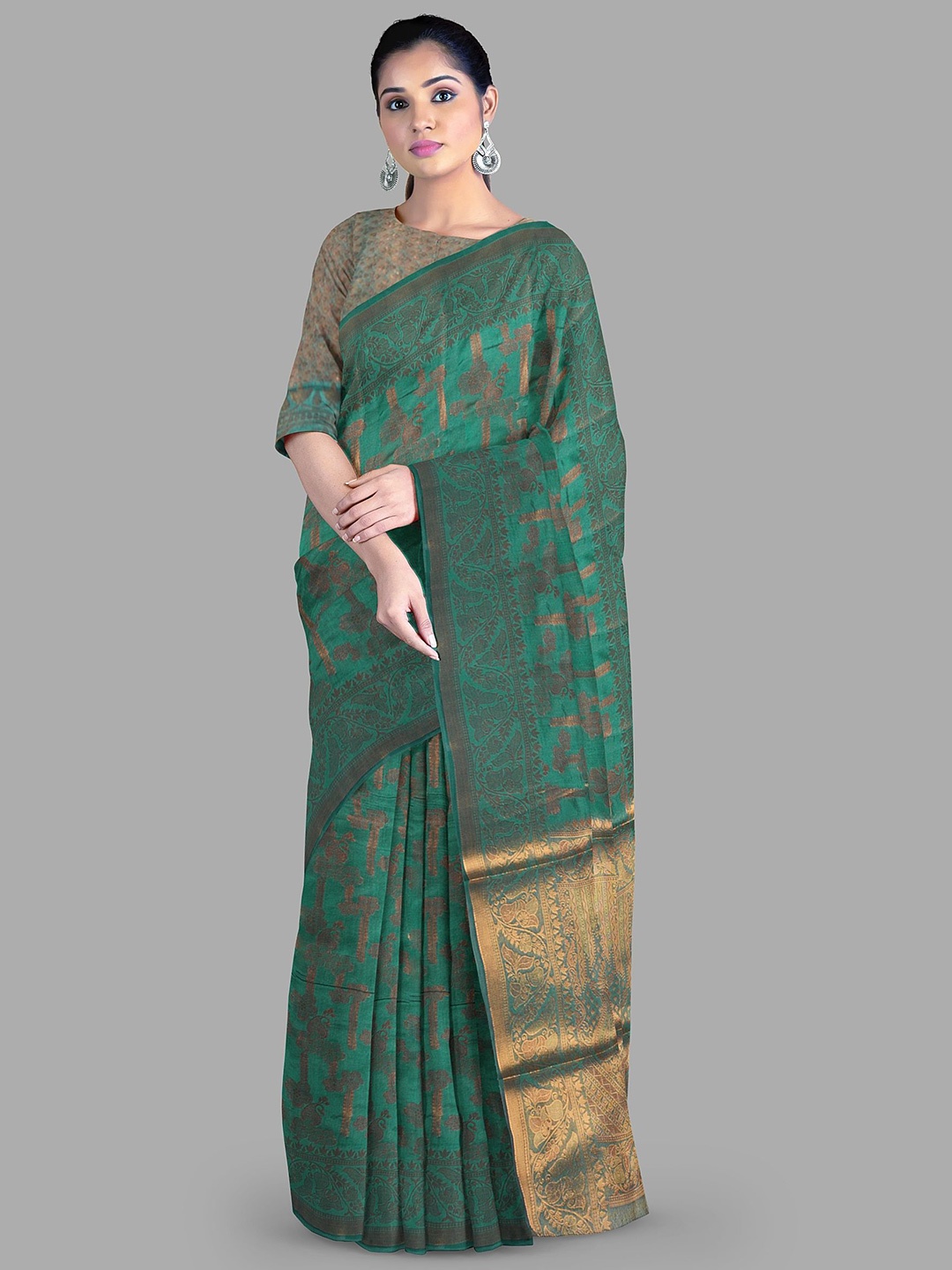 

The Chennai Silks Woven Design Zari Organza Ready to Wear Banarasi Saree, Green