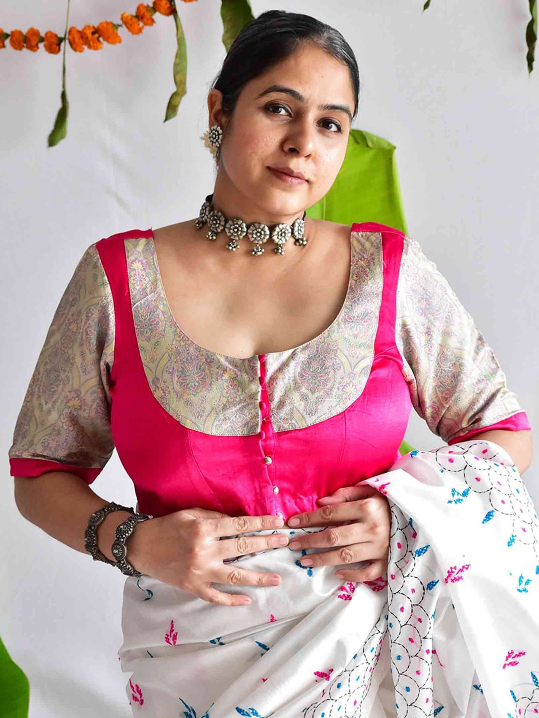 

Sundarii Woven-Design Saree Blouse, Pink