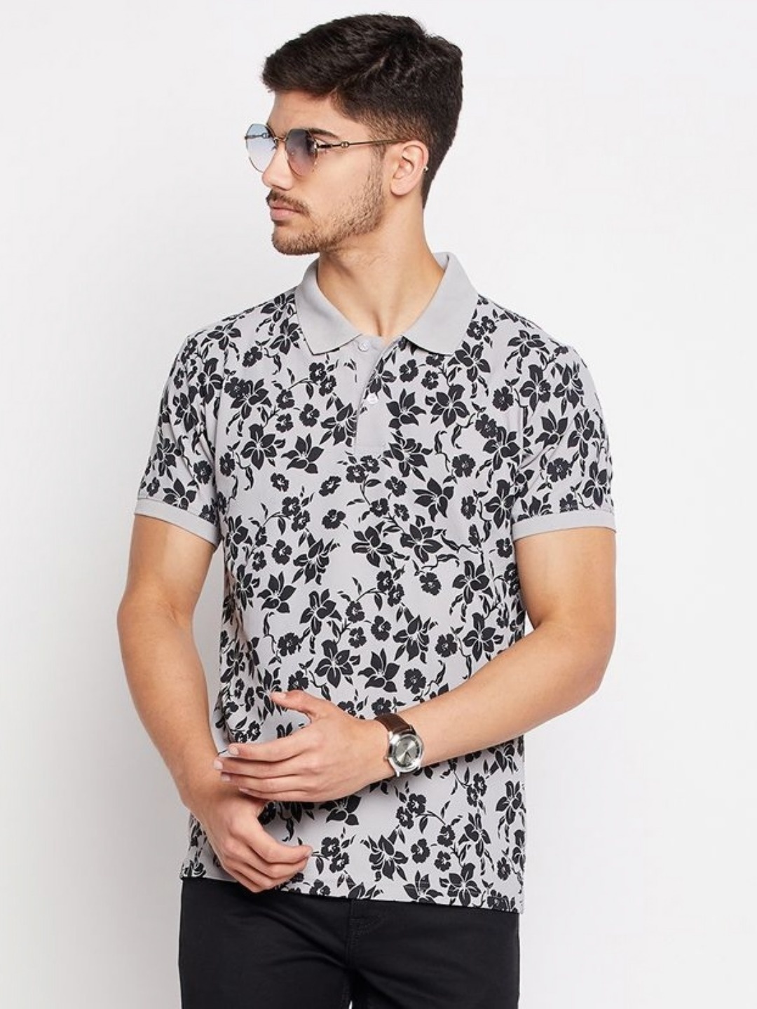

RISS Men Floral Printed Polo Collar Cotton T-Shirt, Grey