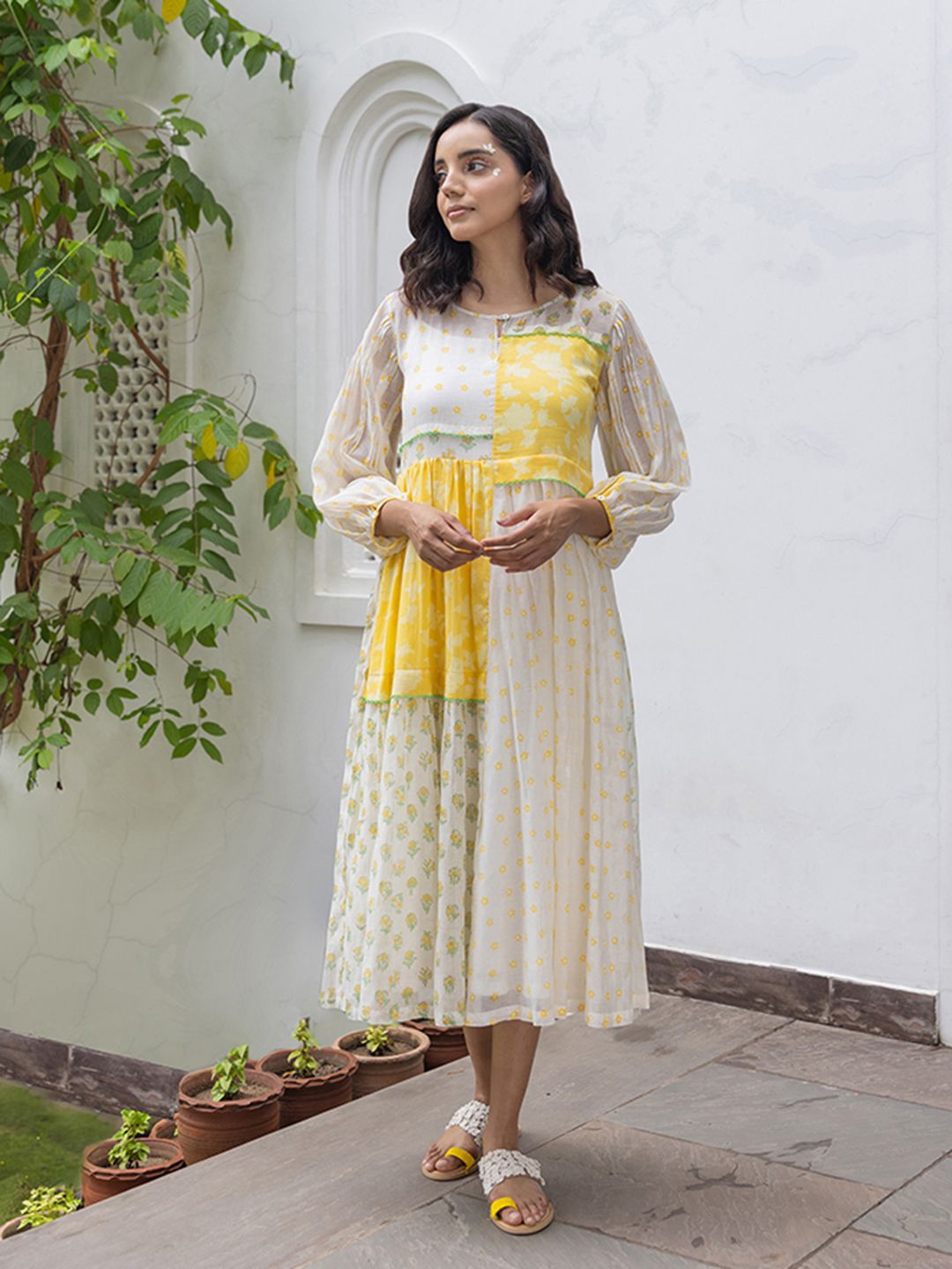 

The Yellow Bow Floral Printed Puff Sleeves Fit & Flare Midi Dress