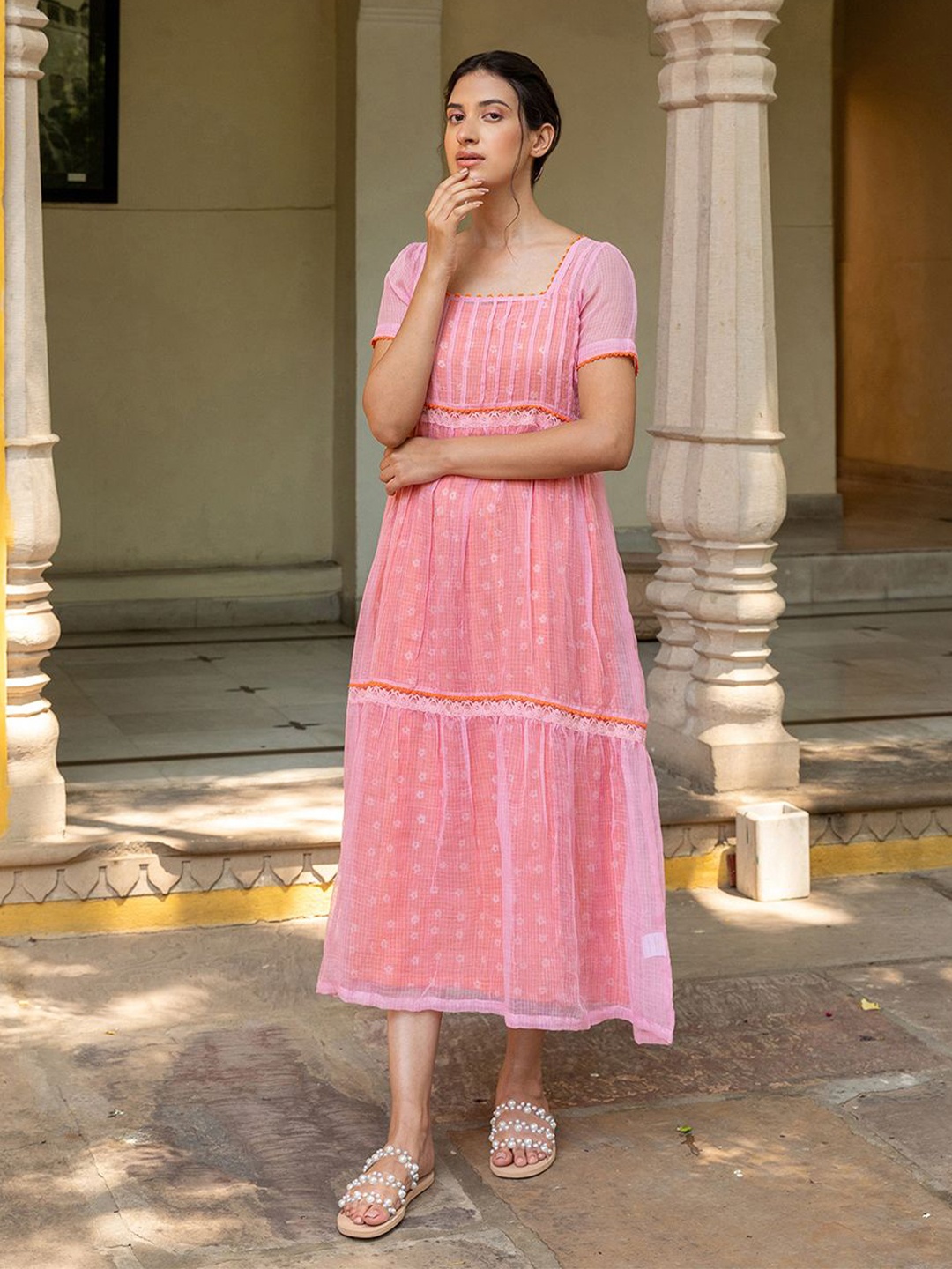 

The Yellow Bow Floral Printed Cotton Empire Midi Dress, Pink