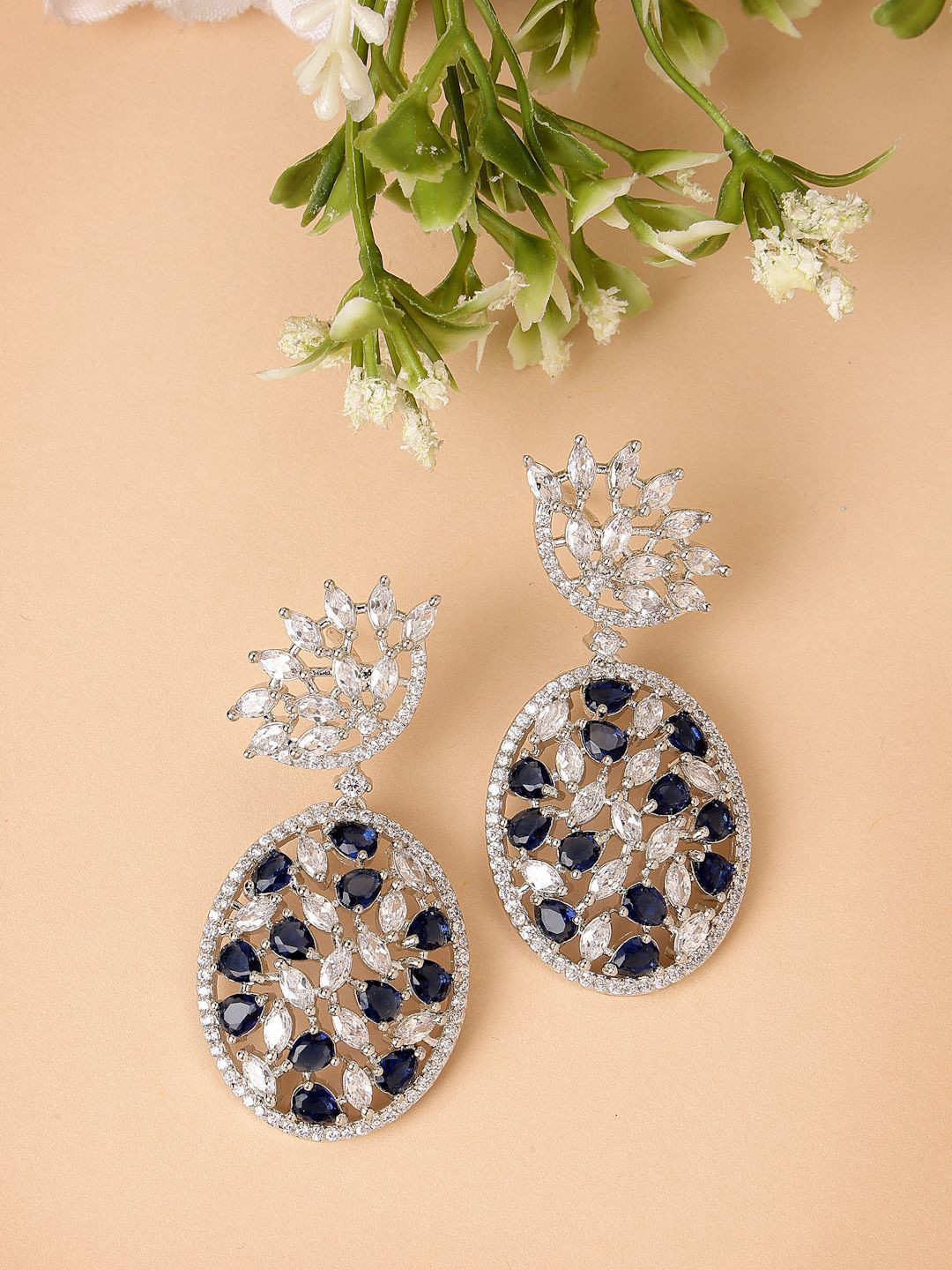 

ZENEME Rhodium Plated American Diamond Floral Drop Earrings, Blue