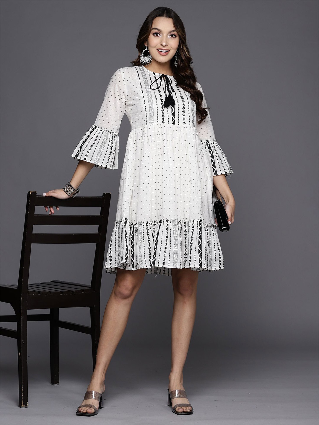 

Indo Era Print Tie-Up Neck Flared Sleeve A-Line Midi Dress, White
