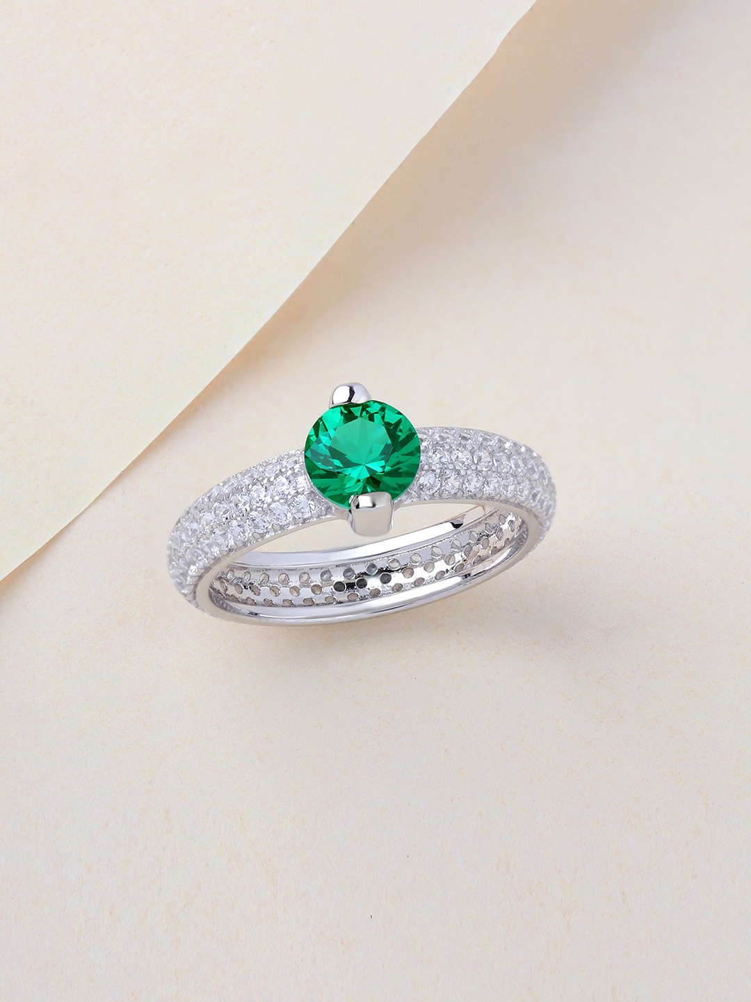

Ornate Jewels 925 Sterling Silver Green Emerald AD Eternity Solitaire Engagement Ring