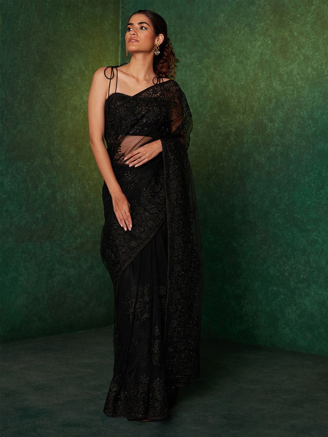 

Likha Embellished Beads and Stones Net Saree, Black