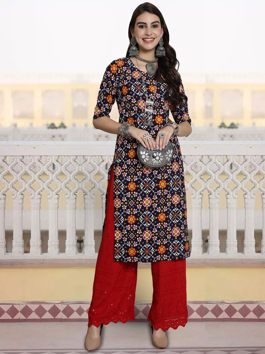 

7Threads Women Printed Patchwork Floral Crepe Kurta, Multi