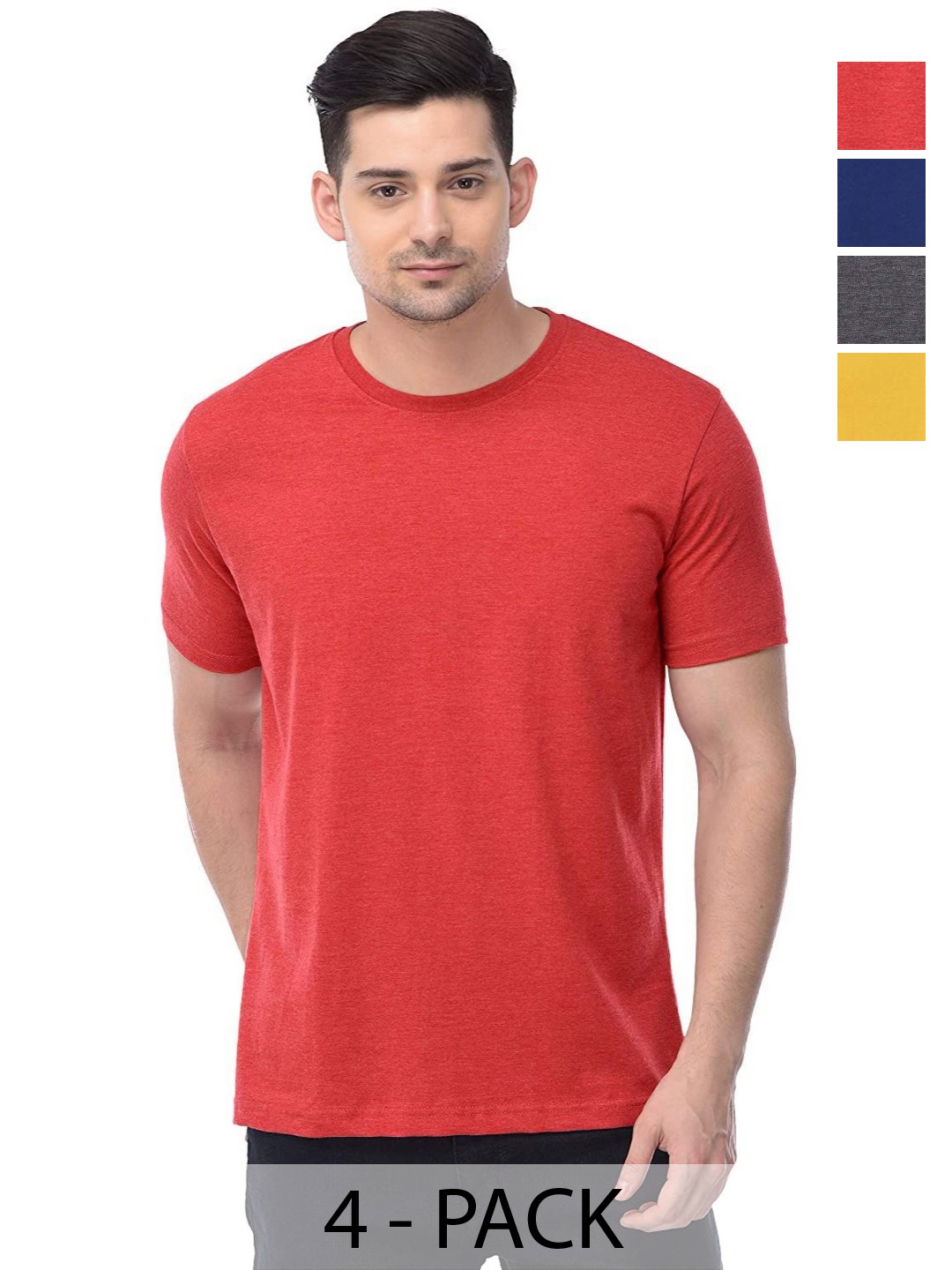 

COLOR CAPITAL Unisex Pack Of 4 Solid Round Neck Cotton T-shirts, Red