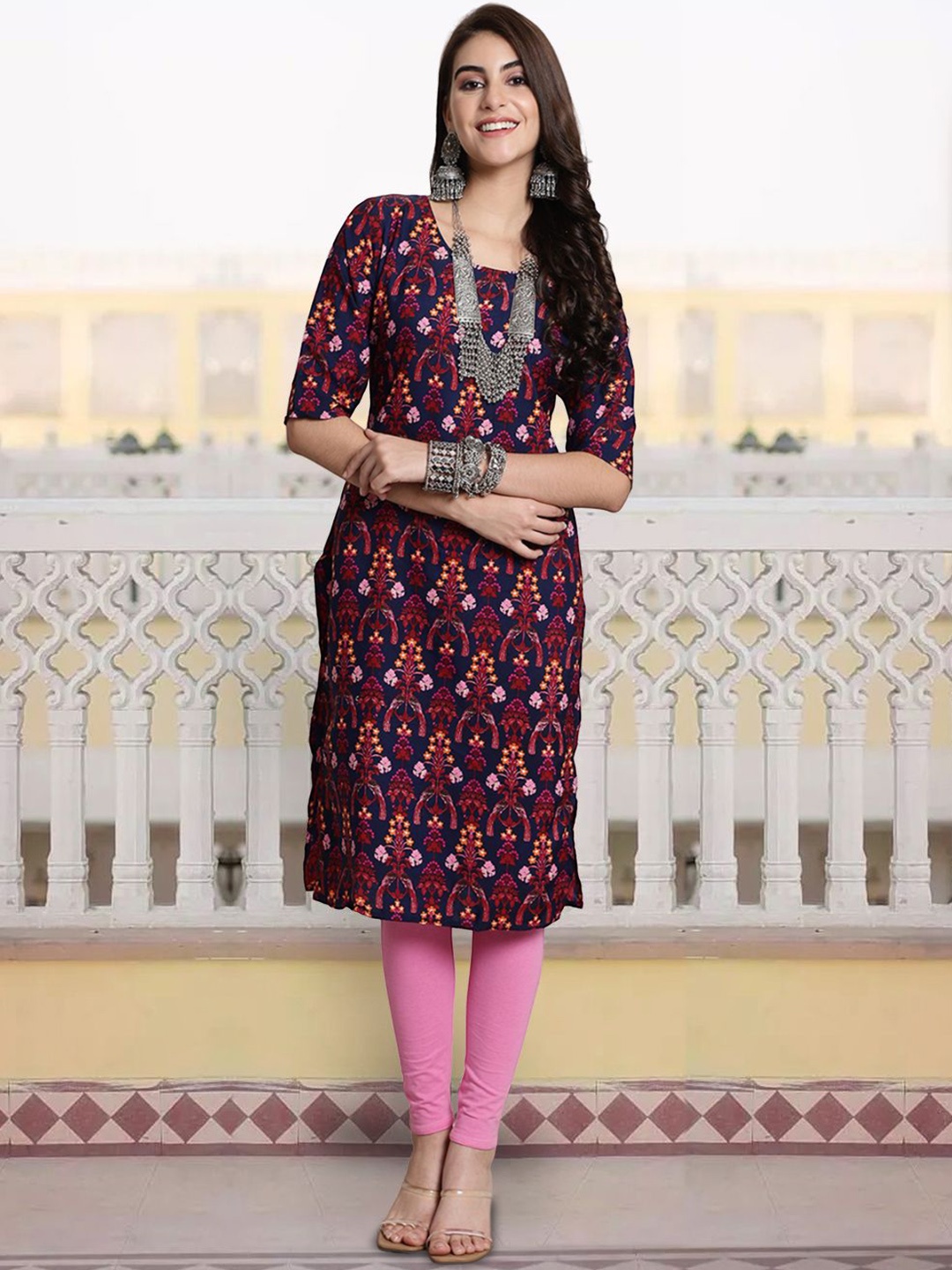 

7Threads Women Printed Patchwork Floral Crepe Kurta, Multi