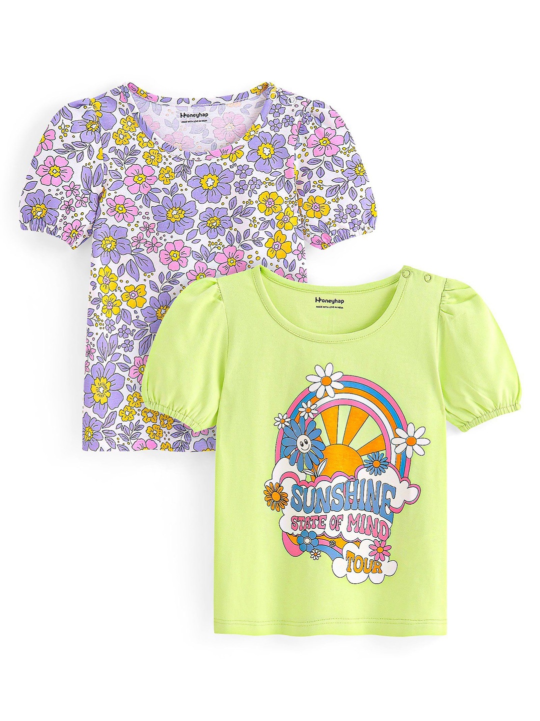 

Honeyhap Girls Pack Of 2 Floral Printed Round Neck Cotton Top, Lime green