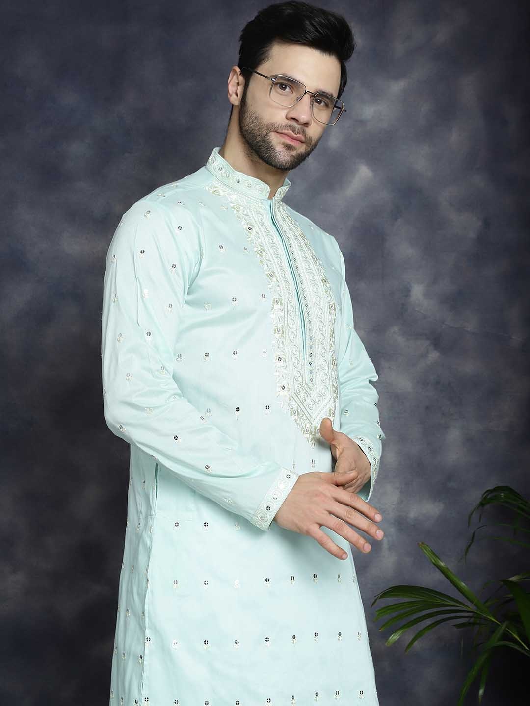 

Jompers Ethnic Motifs Embroidered Mandarin Collar Thread Work Straight Kurta With Pyjama, Turquoise blue