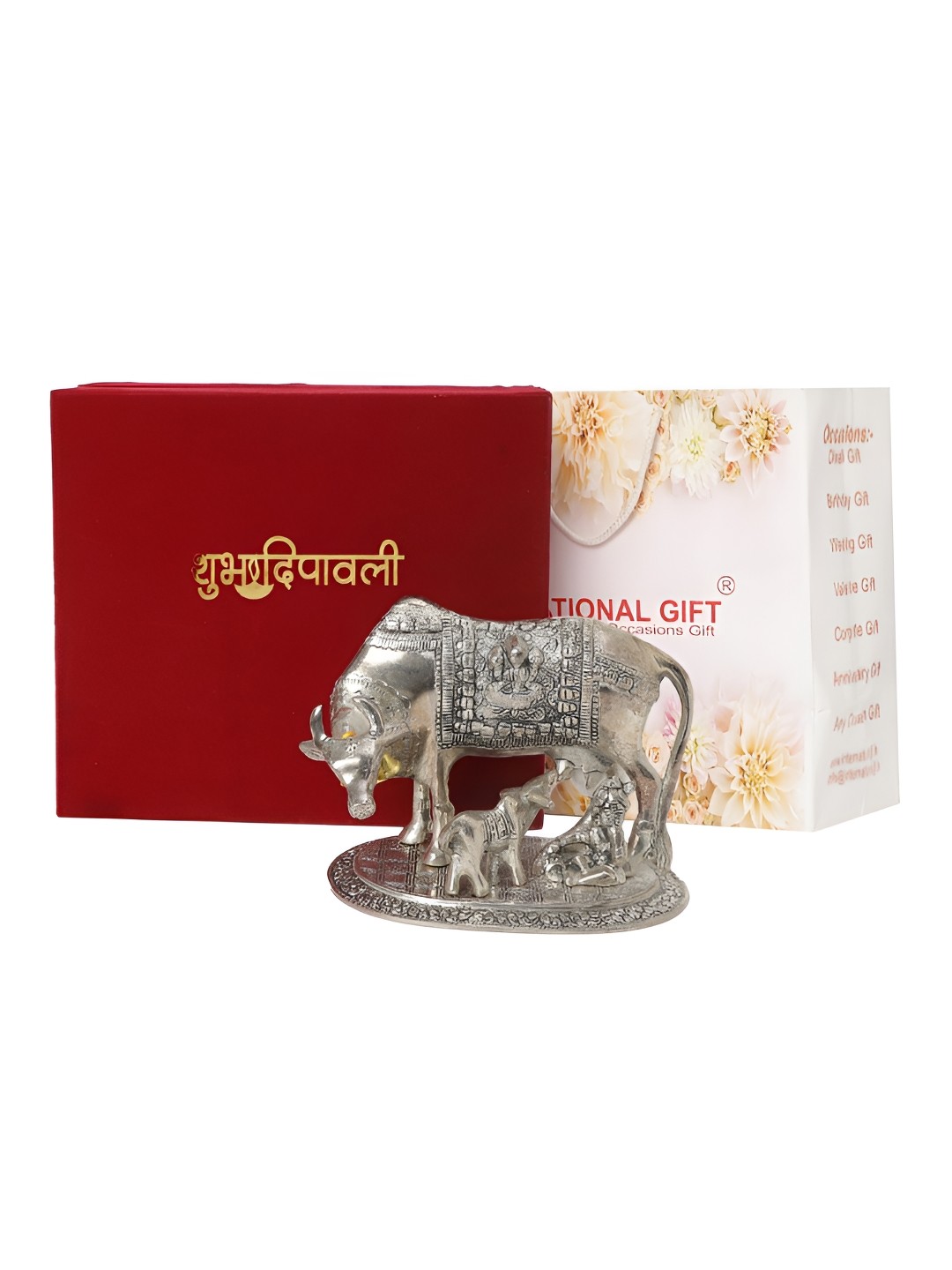 

INTERNATIONAL GIFT Silver-Toned Brass Idol Cow With Krishna With Velvet Box