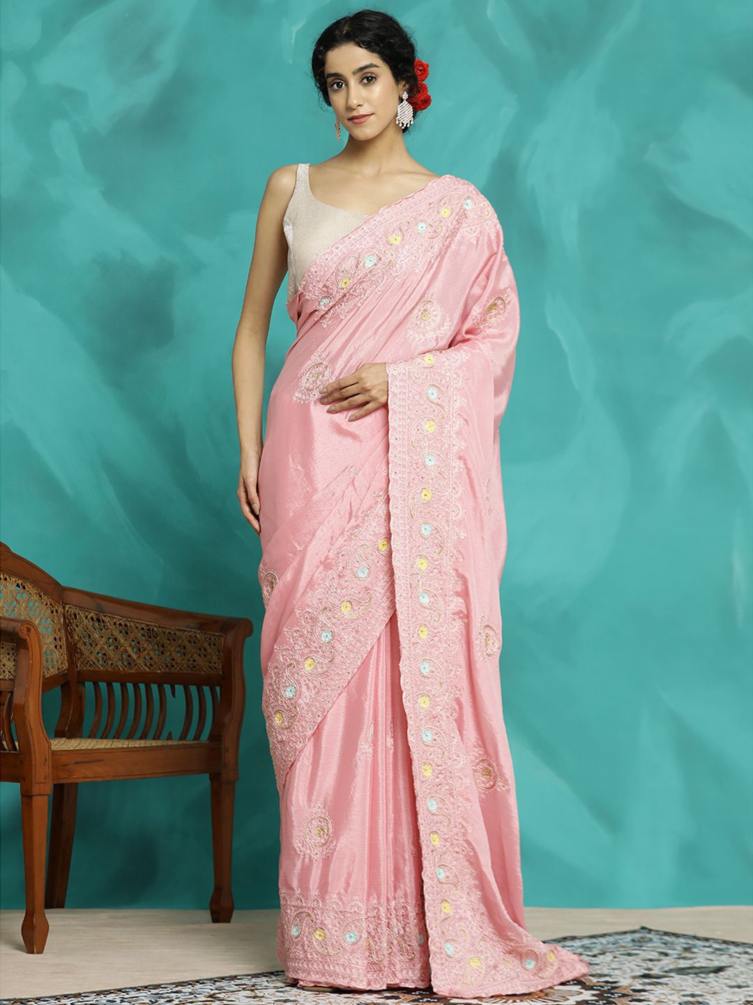 

Jaipur Kurti Silk Blend Embroidered Party Wear Saree, Pink