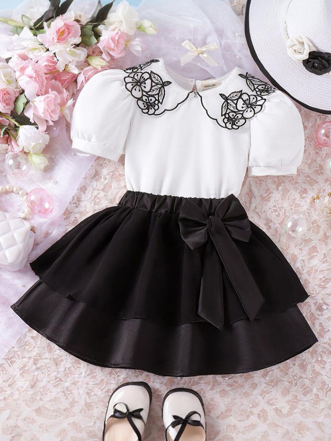 

INCLUD Girls Embroidered Peter Pan Collar Top with Tiered Skirt, White