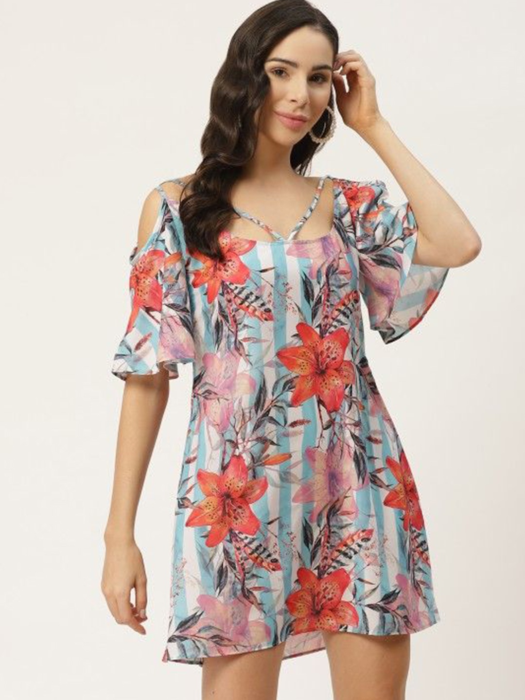 

MELOSO Floral Print Cold-Shoulder Fit & Flare Dress, Sea green