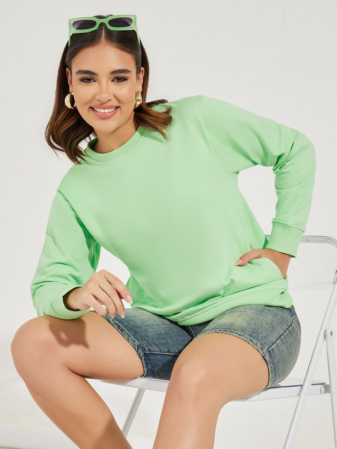 

Styli Women Solid Round Neck Sweatshirt, Green