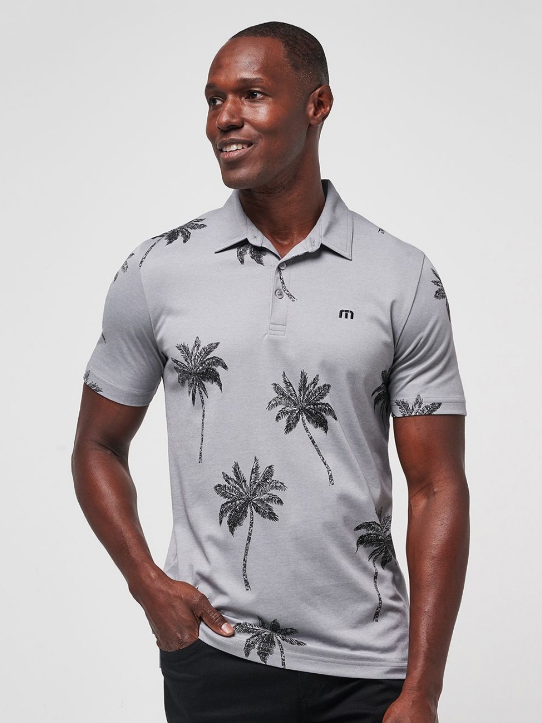 

TRAVIS MATHEW Men Conversational Printed Polo Collar Cotton T-shirt, Grey
