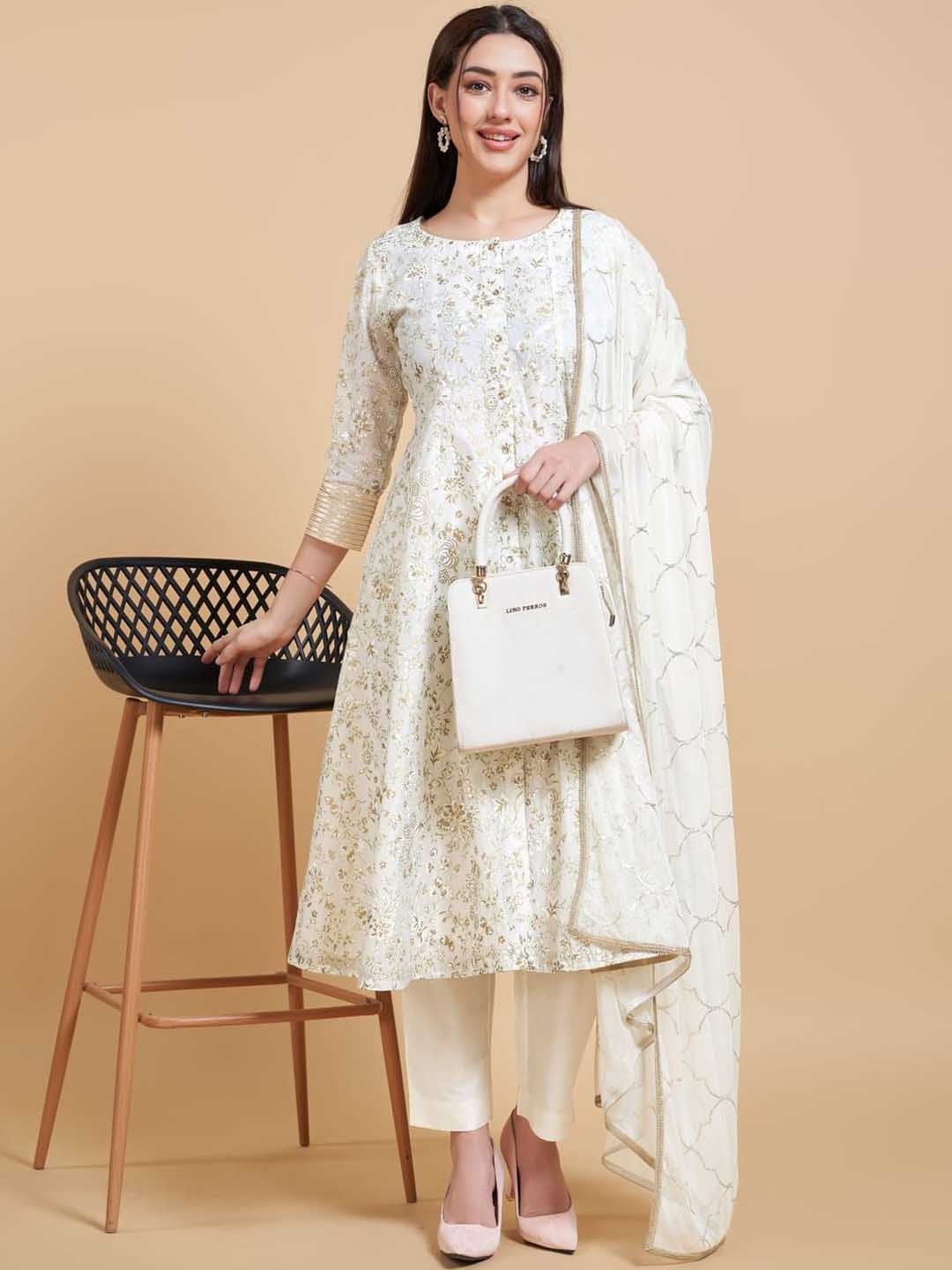 

Suha Women Floral Printed Regular Thread Work Kurta with Trousers & With Dupatta, Off white