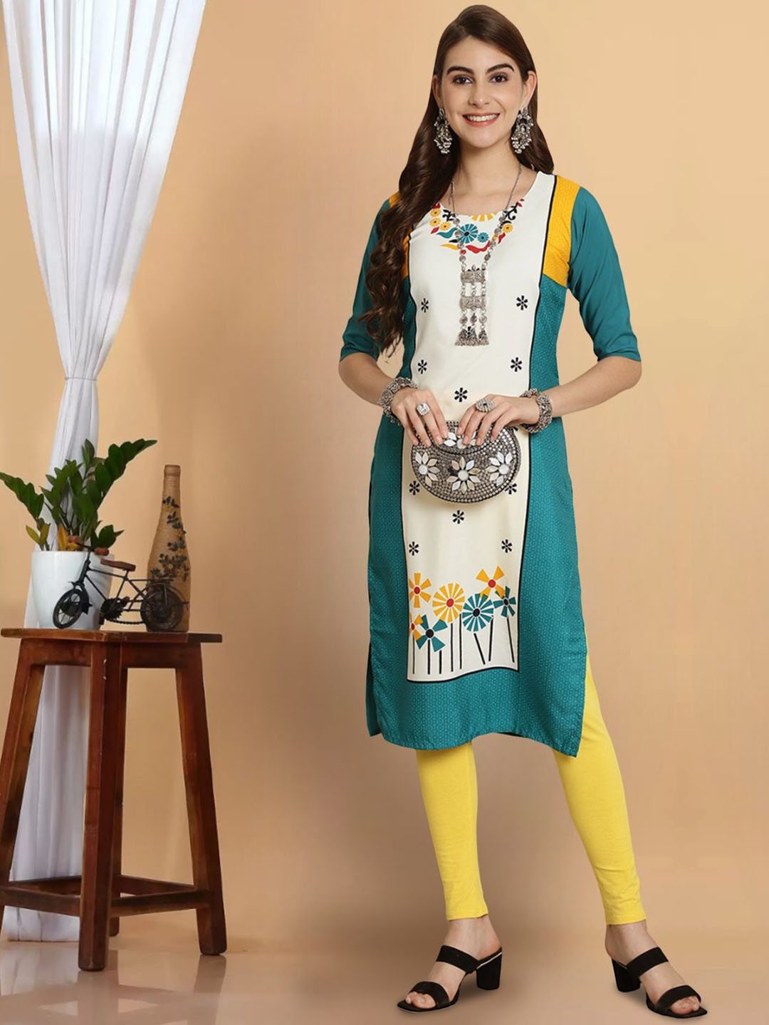 

7Threads Floral Printed Round Neck Regular Crepe Straight Kurta, Teal