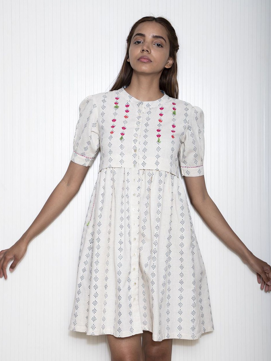 

The Yellow Bow Printed Cotton Puff Sleeves A-Line Mini Dress, Off white