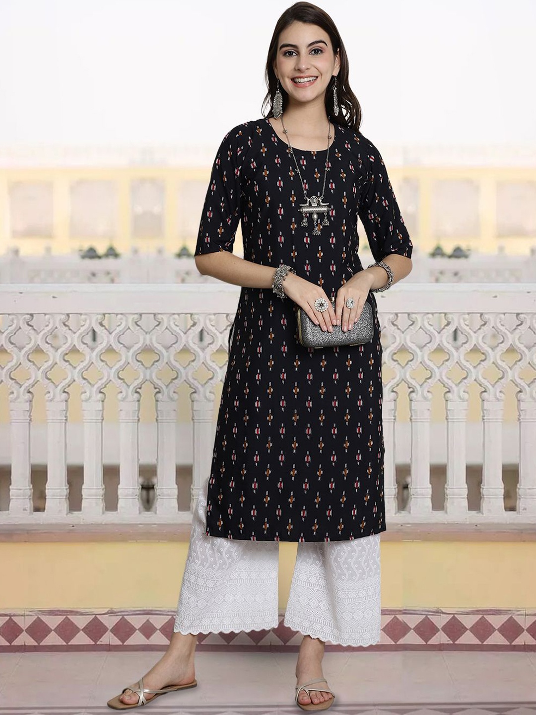 

7Threads Women Printed Patchwork Floral Crepe Kurta, Multi