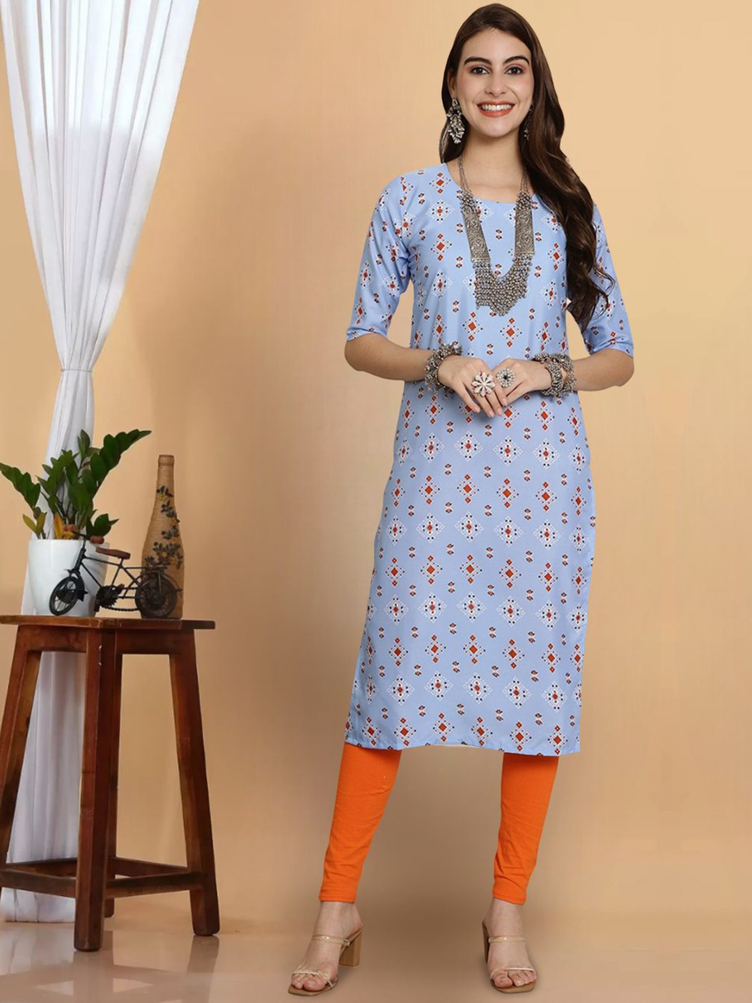 

7Threads Geometric Printed Round Neck Straight Kurta, Blue