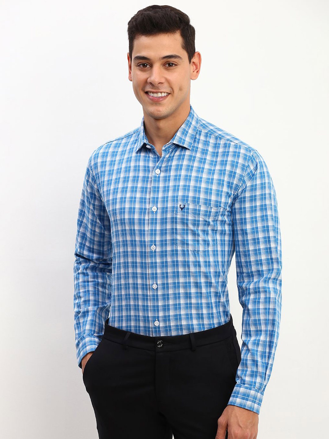 

Allen Solly Men Spread Collar Tartan Checked Cotton Slim Fit Formal Shirt, Blue